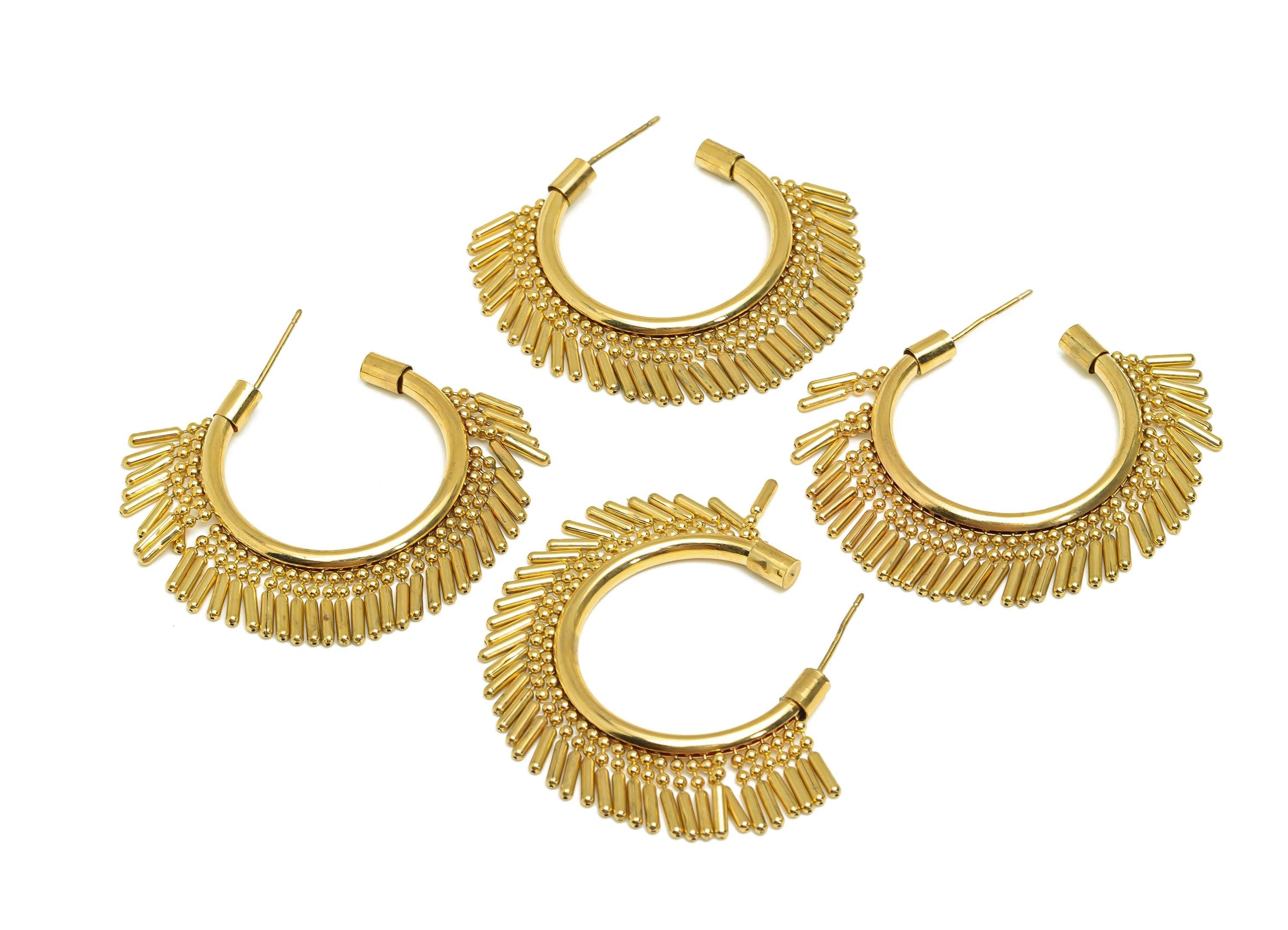 Brass Beads Chain Ear - Gold Open Round C Tassel Earring Stud - Open Circle Beads Chain Earring Post - 18K Real Gold Plating- 40mm - RGP7729 - DOMEDBAZAAR
