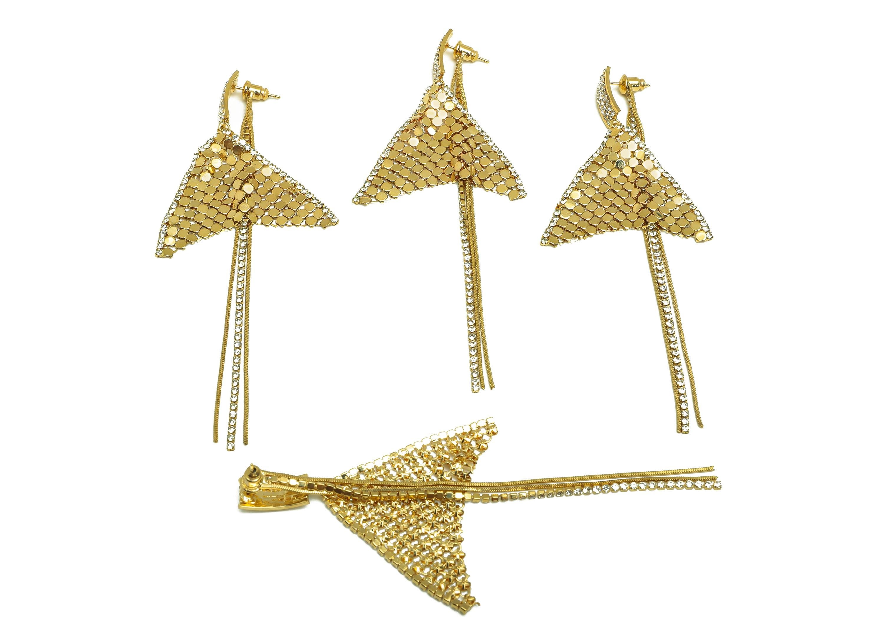 Brass Rectangle Earring - Gold Triangle CZ Mesh Earring Stud - Zircon Snake Chain Tassel Ear Stopper - 18K Real Gold Plated- 105mm - RGP7730 - DOMEDBAZAAR