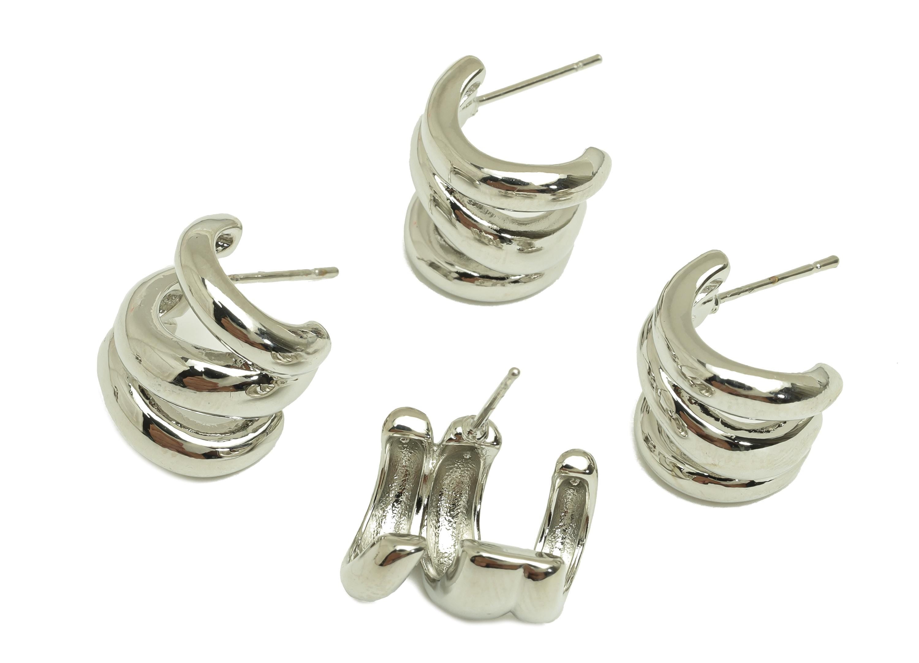 Brass Open Round Earring - Textured C Circle Earring Post - White Thick Round Ear - 18K Real White Gold Plated - 20.8x13.3x14.52mm - RGP7733 - DOMEDBAZAAR