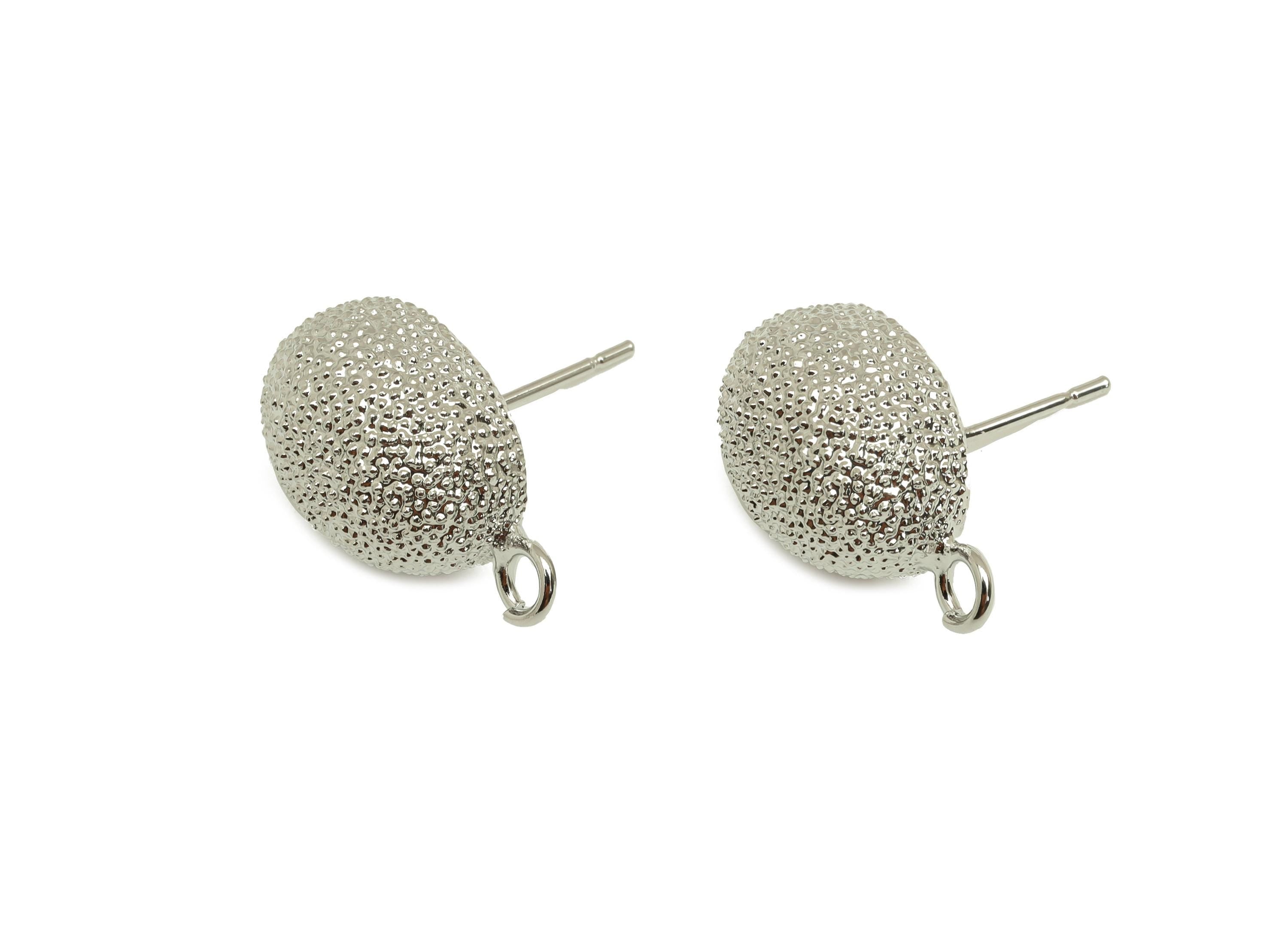 Brass Oval Earring Stud - Textured Oval Earring Post - White Oval Earring Stud - 18K Real White Gold Plated - 18.65x10.71x7.47mm - RGP7735 - DOMEDBAZAAR