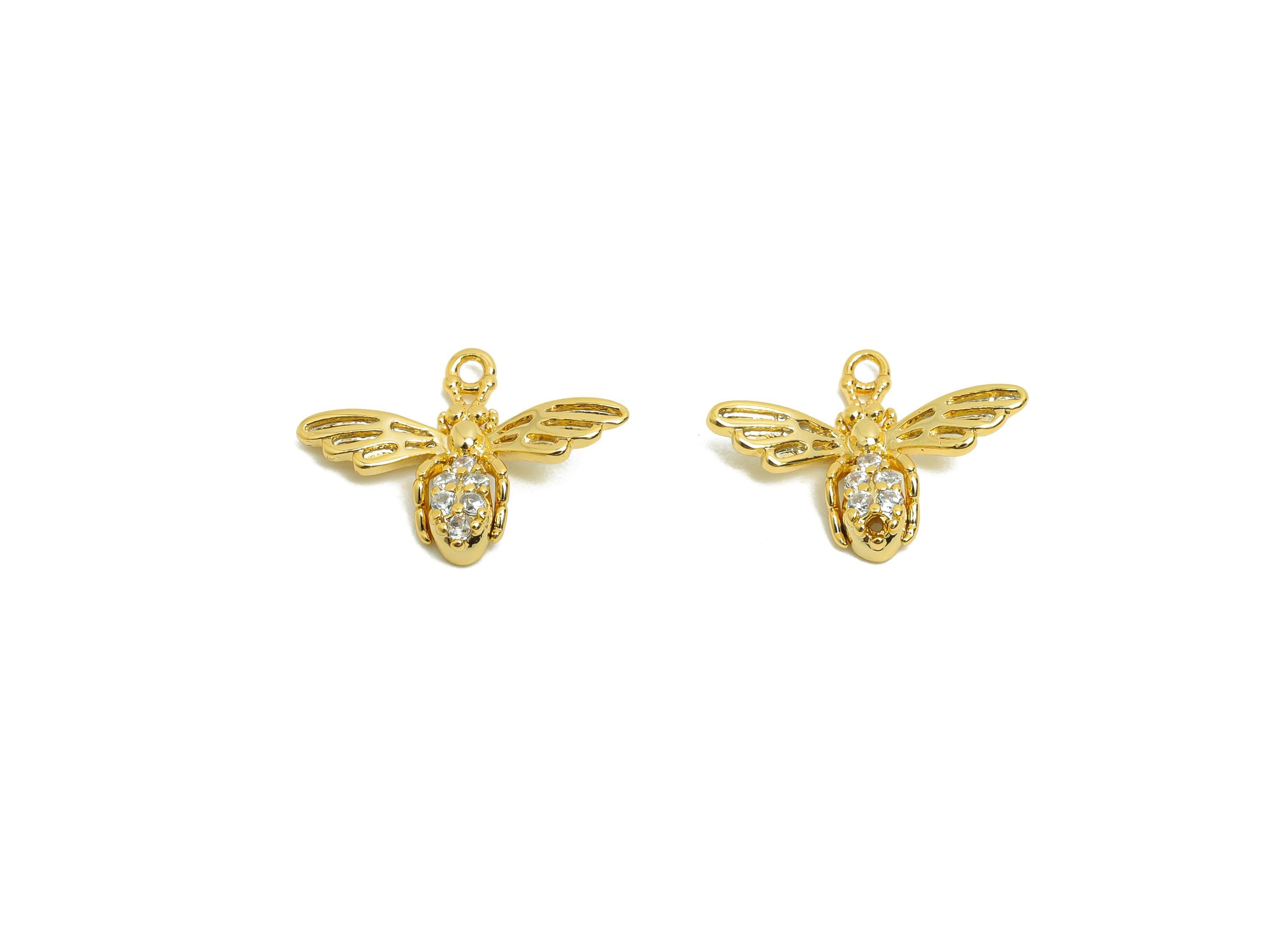 Brass Bee Earring Charm - Gold Mini Animal Pendant for Girls - Zircon Bee Bracelet Charm - 18K Real Gold Plating - 14.7x11.3x2.4mm - RGP8494 - DOMEDBAZAAR