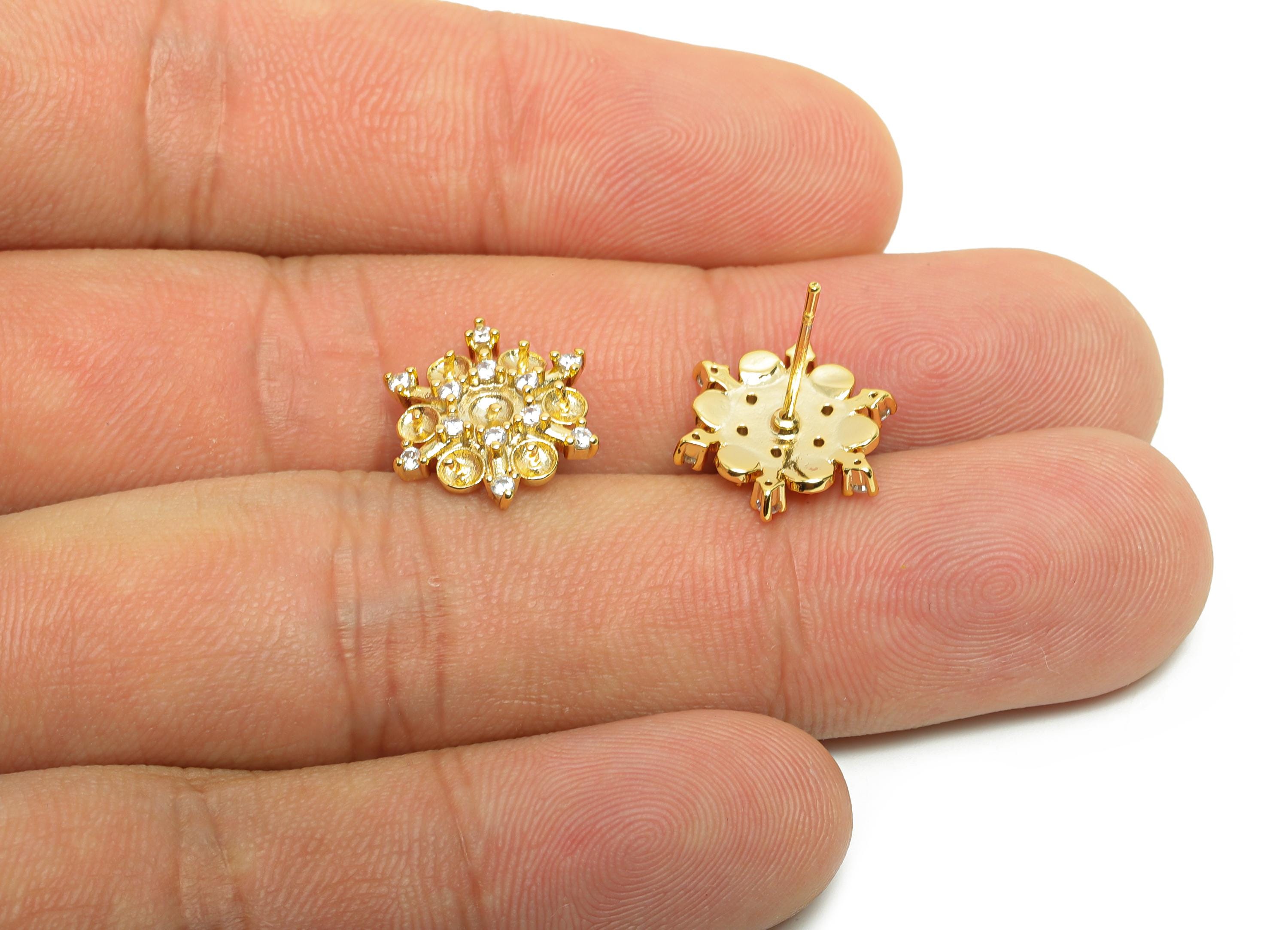 Brass Flower Earring Stud - Snowflake Earring Setting - Gold Zircon Earring for Party - 18K Real Gold Plating - 14.05x14.05x3.09mm - RGP8497 - DOMEDBAZAAR