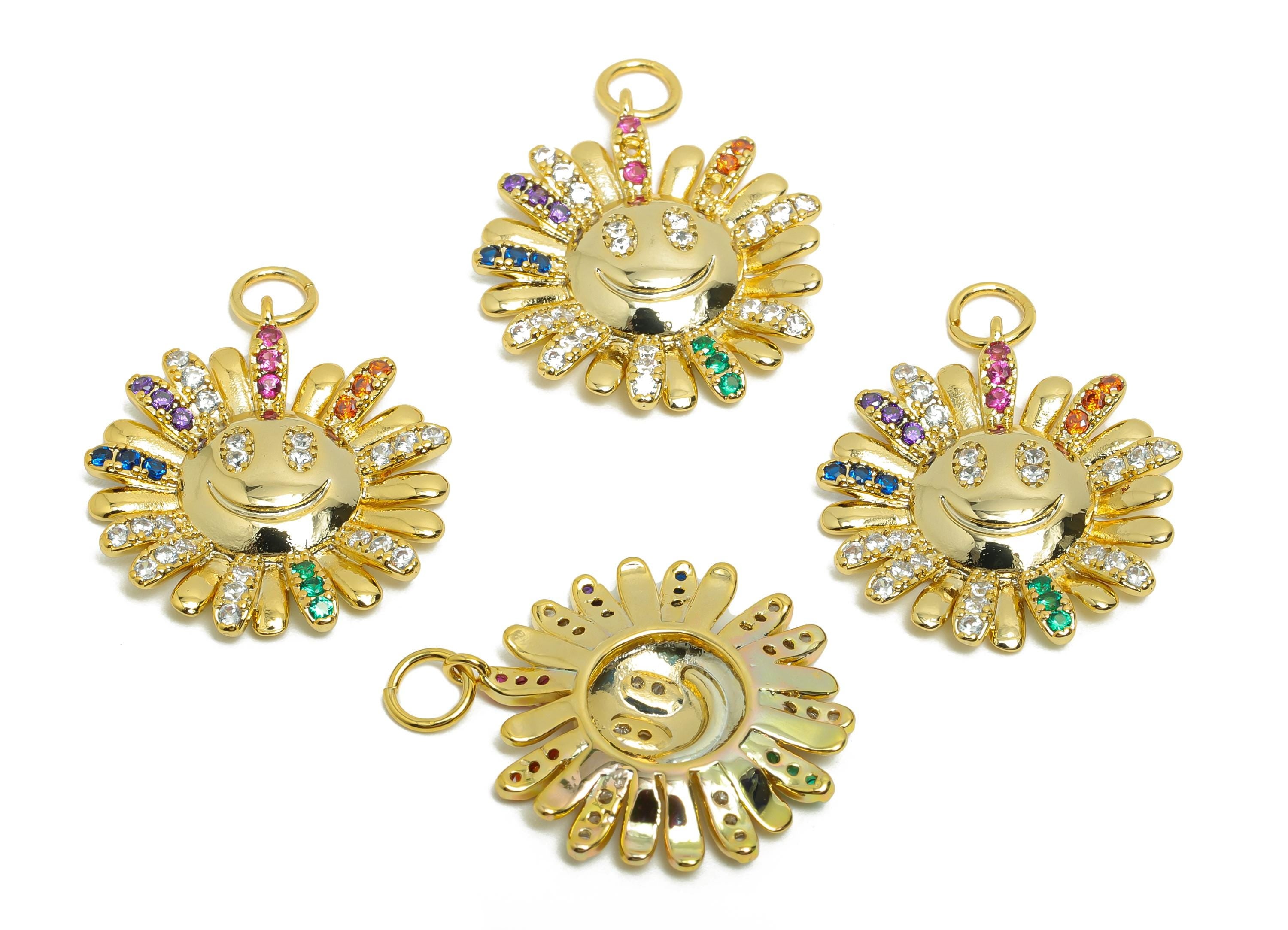 Brass CZ Sunflower Charm - Gold Happy Pendant for Girls - Zircon Round Halloween Charm - 18K Real Gold Plating - 25.6x20.2x2.72mm - RGP8500 - DOMEDBAZAAR