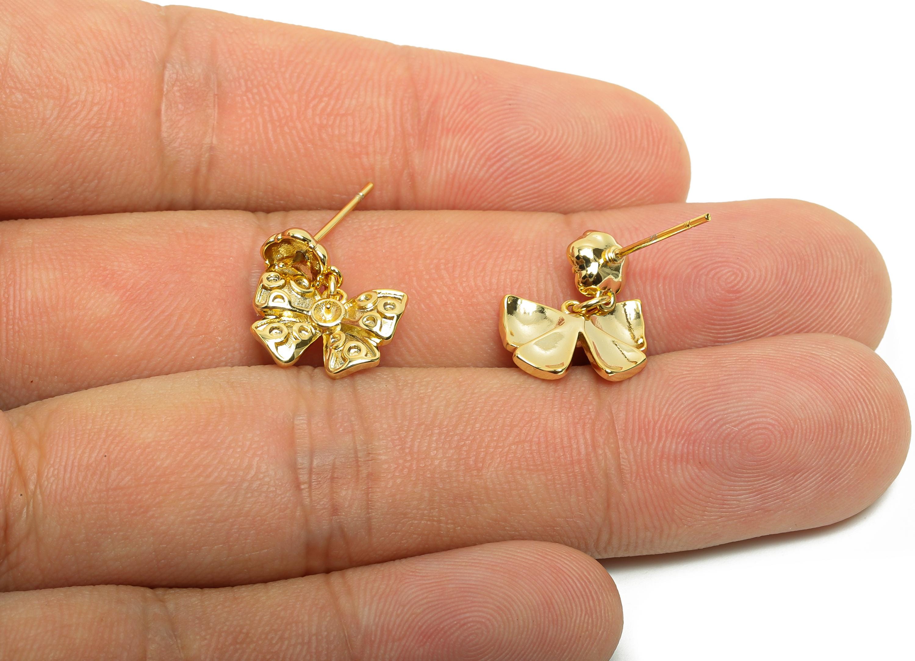 Brass Bow Tie Earring Stud - Gold Earring Setting for Girl&#39;s - Dot Bow Tie Earring Post - 18K Real Gold Plating - 16.7x12.7x4.6mm - RGP8508 - DOMEDBAZAAR