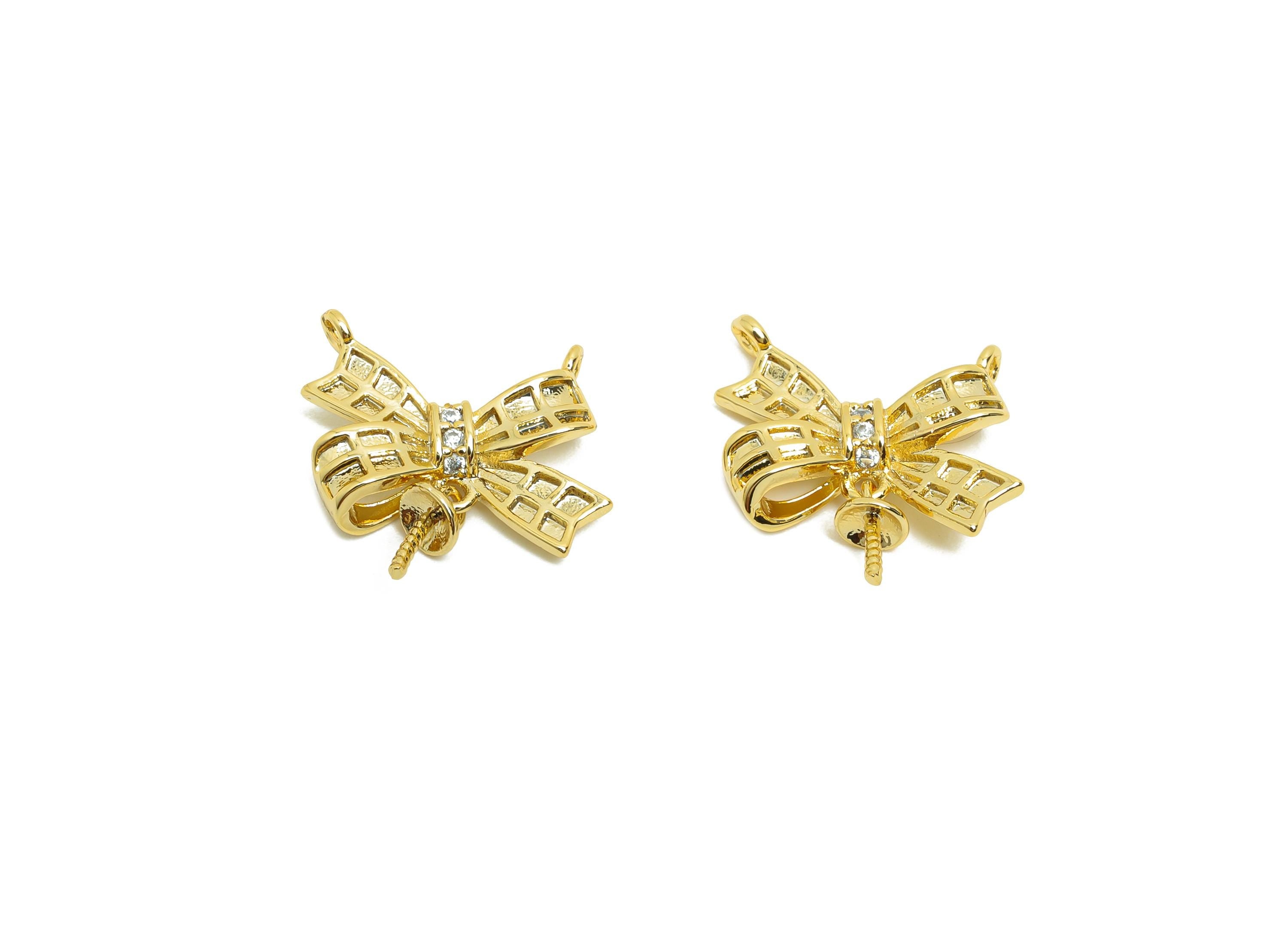 Brass Bow Tie Connectors - Zircon Charm Setting for Necklace - Gold Bow Tie Connectors - 18K Real Gold Plating - 14.2x11.4x3.3mm - RGP8509 - DOMEDBAZAAR