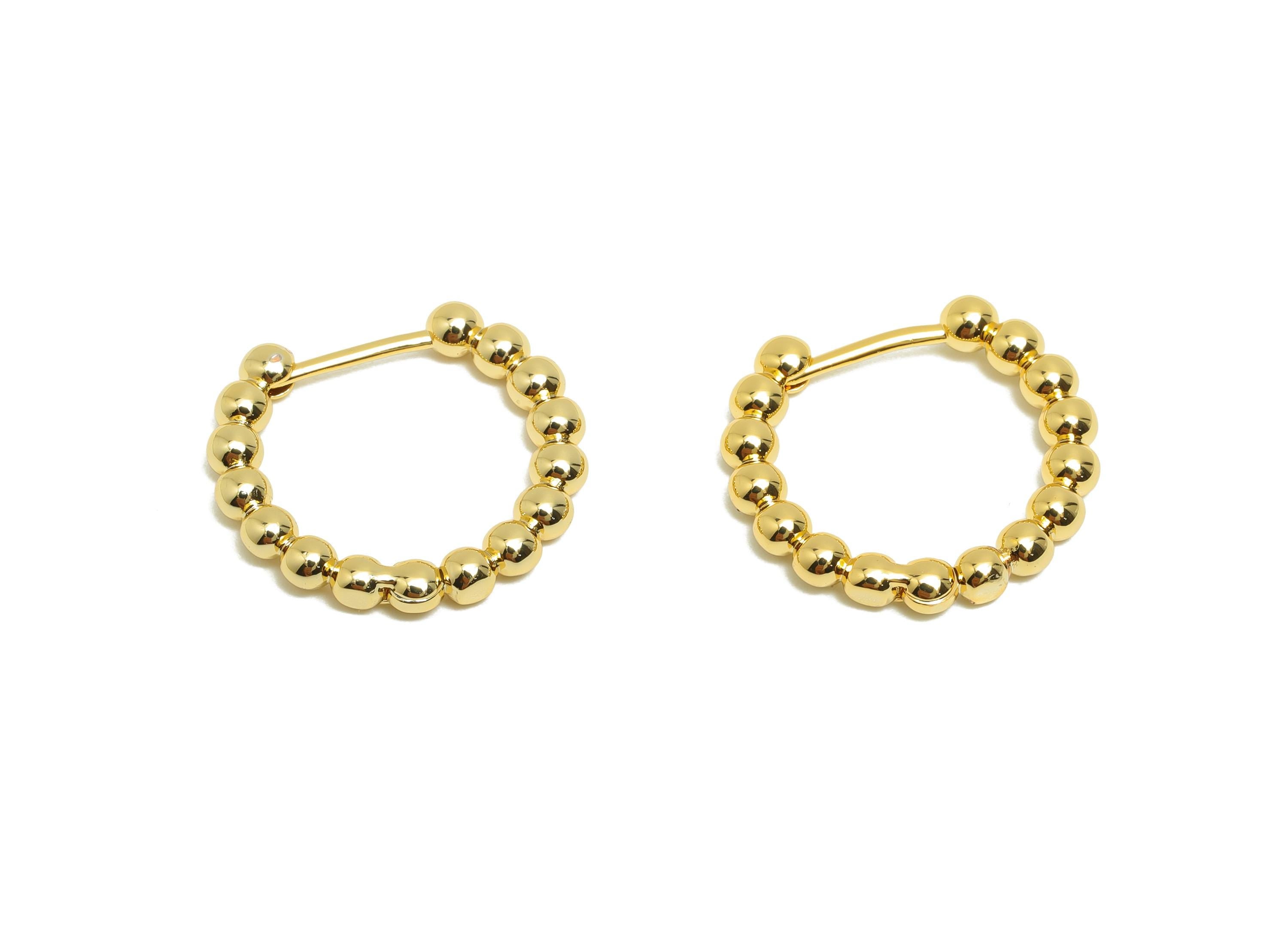 Brass Beads Hoop Ear - Gold Ball Huggie Earring for Girl&#39;s - Circle Daily Wear Earring - 18K Real Gold Plated - 19.9x17.6x2.8mm - RGP8517 - DOMEDBAZAAR