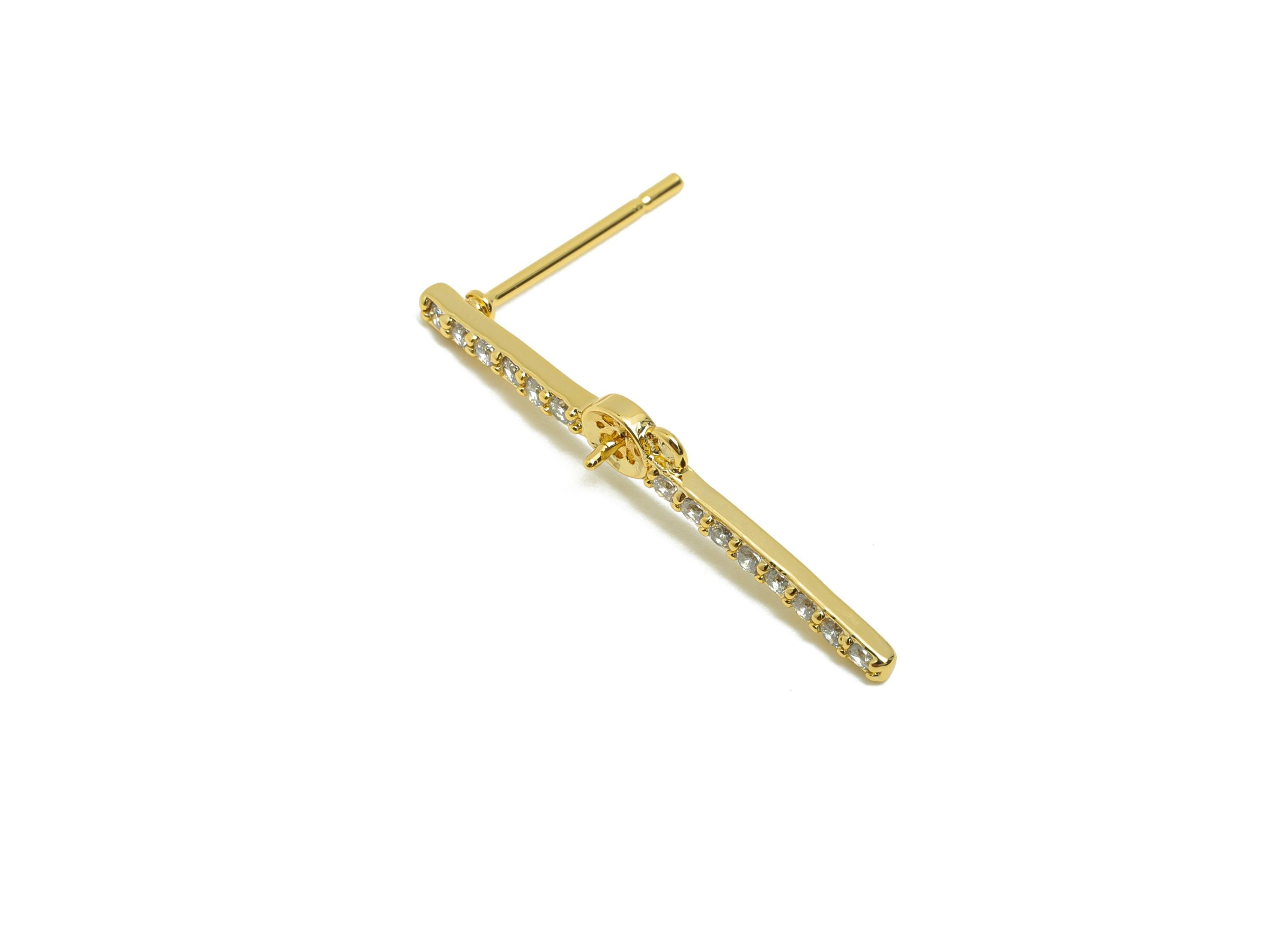 Brass Bar Earring Stud - Bar Earring Setting for Girls - Gold Zircon Earring for Party - 18K Real Gold Plating - 27.2x4.59x2.7mm - RGP8522 - DOMEDBAZAAR