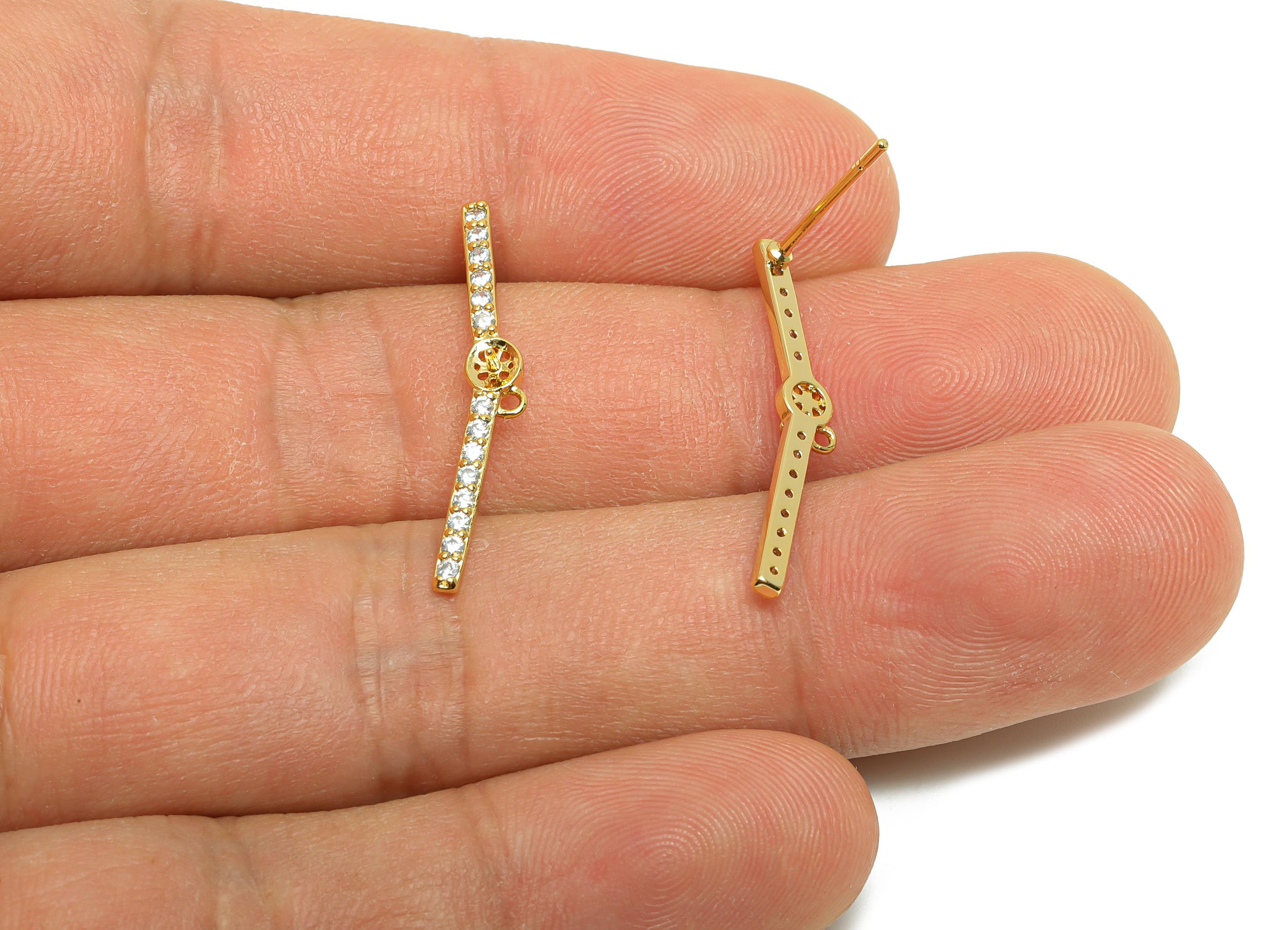 Brass Bar Earring Stud - Bar Earring Setting for Girls - Gold Zircon Earring for Party - 18K Real Gold Plating - 27.2x4.59x2.7mm - RGP8522 - DOMEDBAZAAR