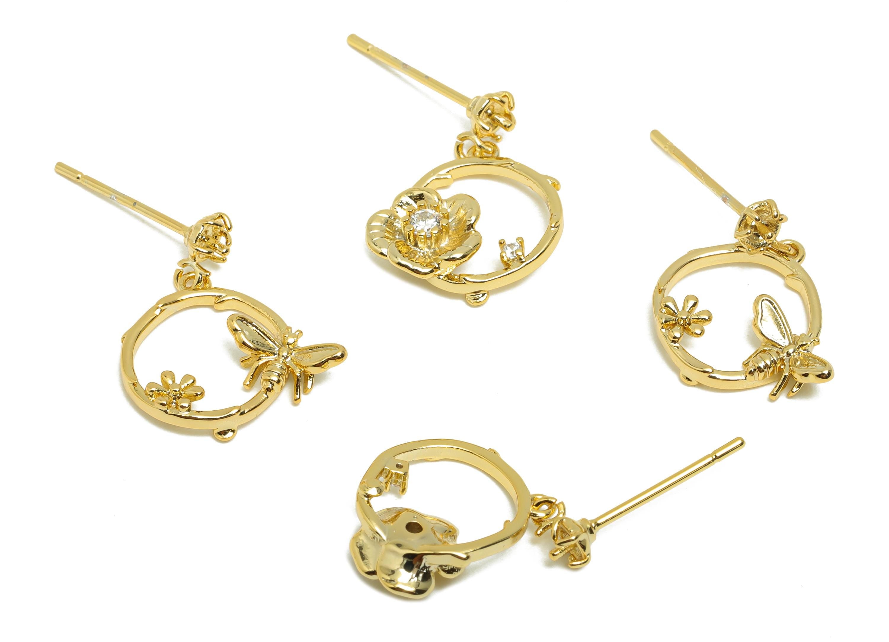 Brass Flower Earring Stud - Circle Earring Setting for Girl&#39;s - Gold Zircon Dangle Earring - 18K Real Gold Plating- 16.4x11.8x4.1m - RGP8523 - DOMEDBAZAAR