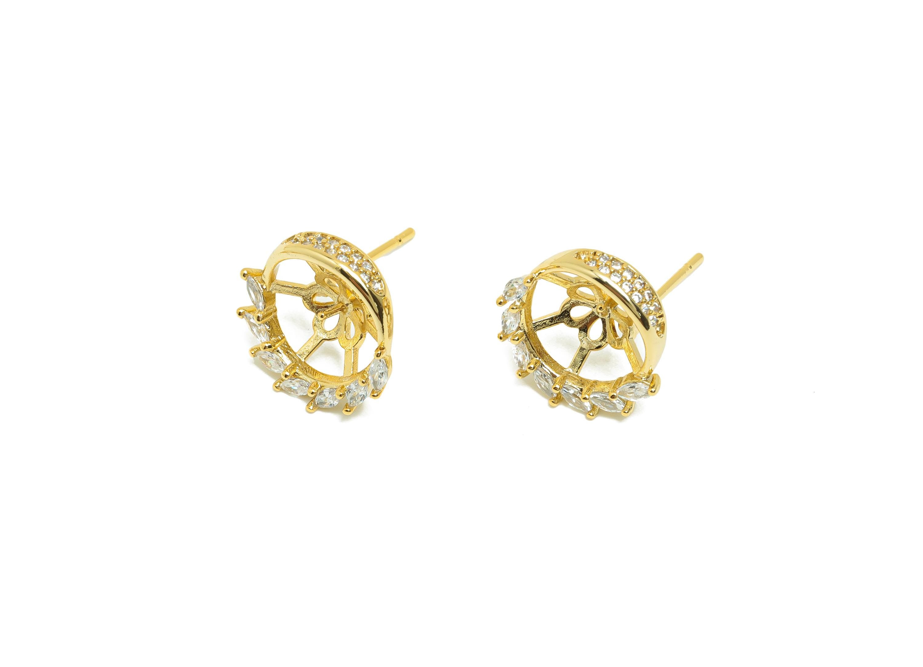 Brass Round Earring Stud - Circle Earring Setting for Girls - Gold Zircon Daily Wear Ear - 18K Real Gold Plated - 13.9x13.53x4.82mm -RGP8524 - DOMEDBAZAAR