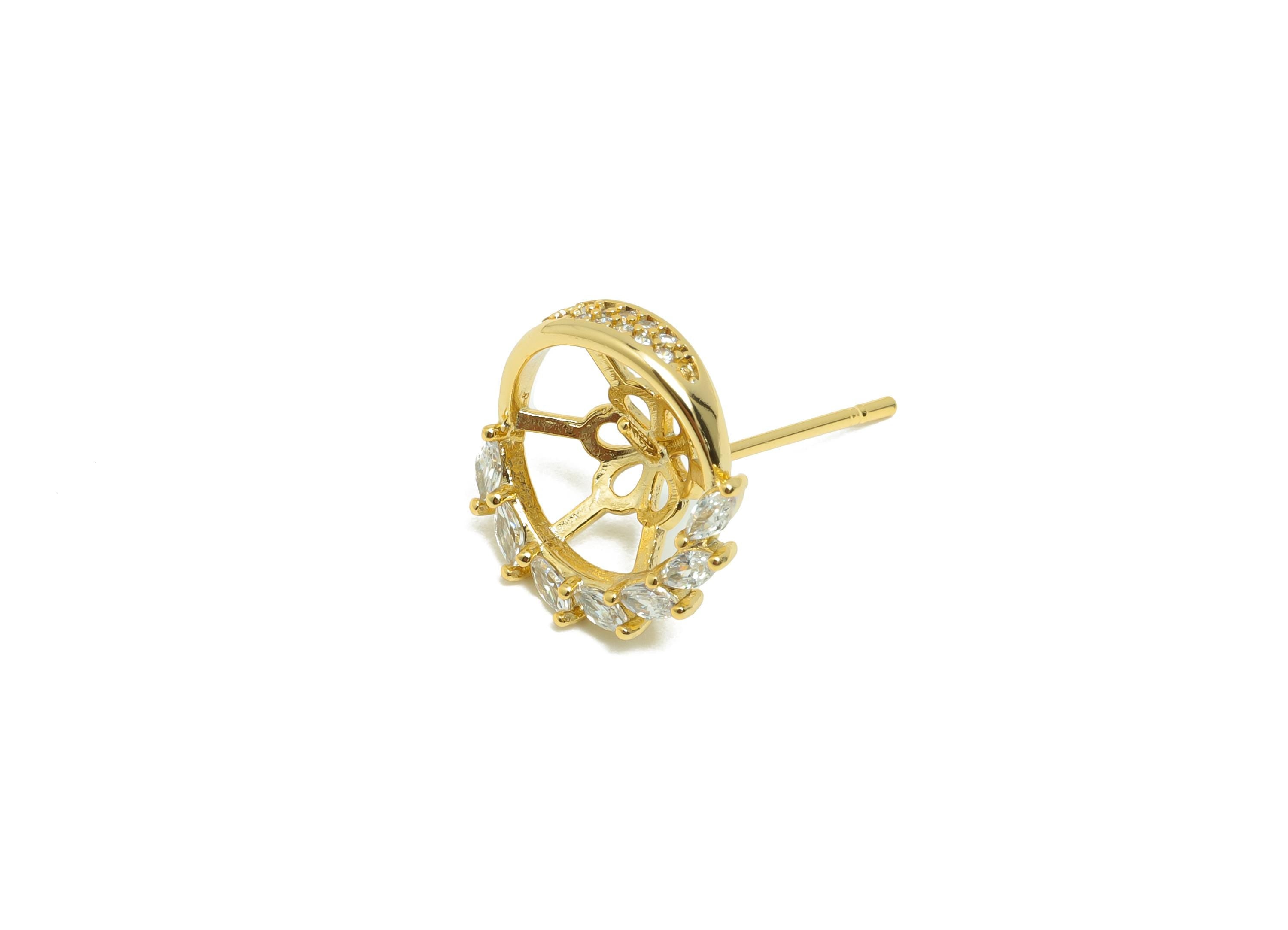 Brass Round Earring Stud - Circle Earring Setting for Girls - Gold Zircon Daily Wear Ear - 18K Real Gold Plated - 13.9x13.53x4.82mm -RGP8524 - DOMEDBAZAAR