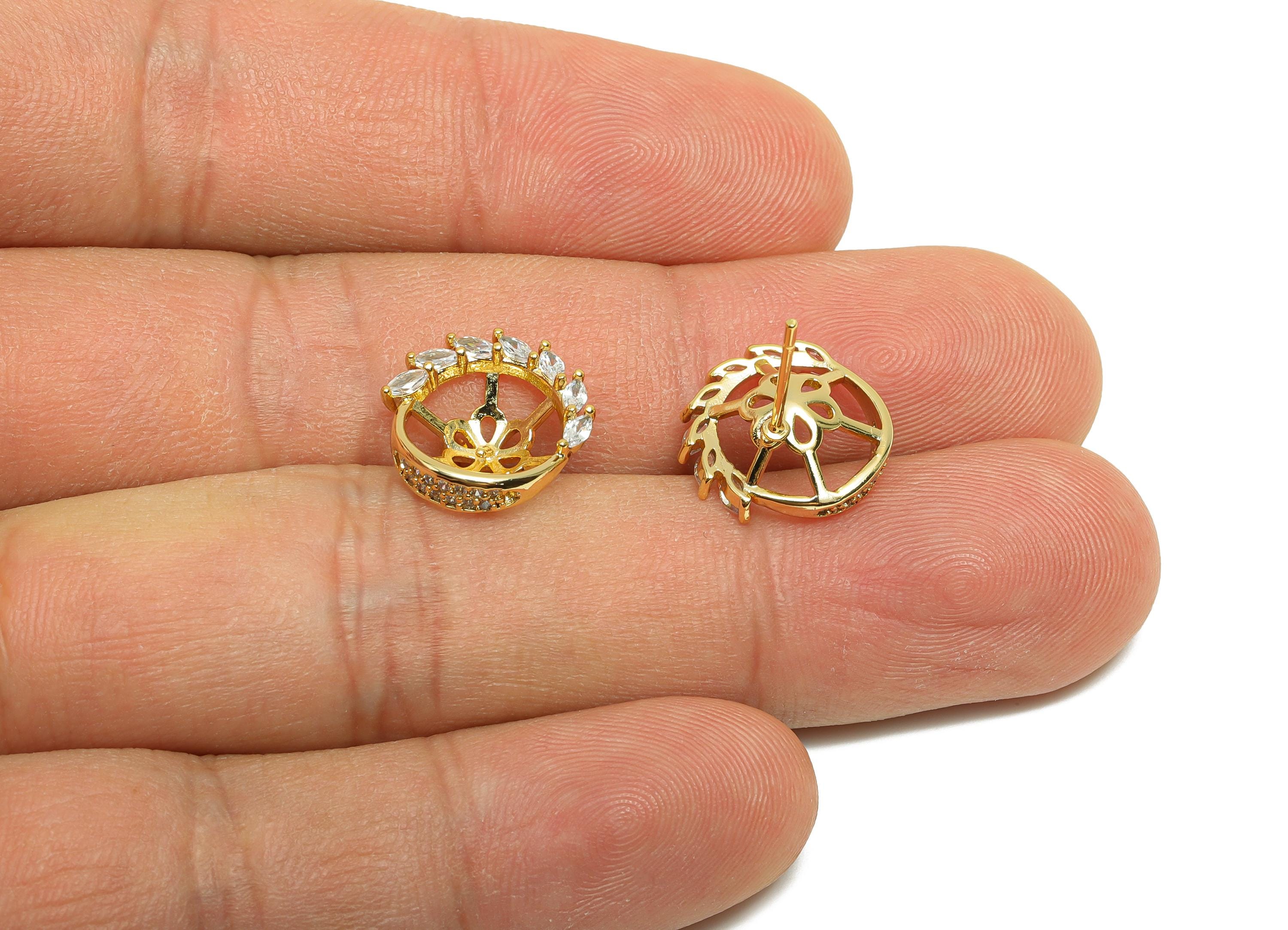 Brass Round Earring Stud - Circle Earring Setting for Girls - Gold Zircon Daily Wear Ear - 18K Real Gold Plated - 13.9x13.53x4.82mm -RGP8524 - DOMEDBAZAAR