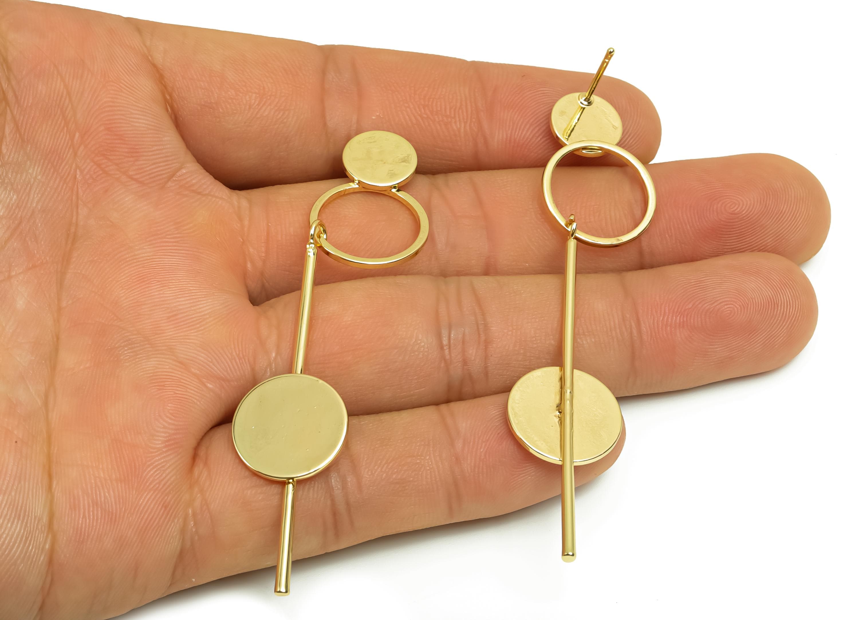 Brass Round Dangle Earring Post - Brass Double Circle Earring Stud - Ring Wire Earring Post  - 18K Real Gold Plating - 70x15x16mm - RGP8013 - DOMEDBAZAAR