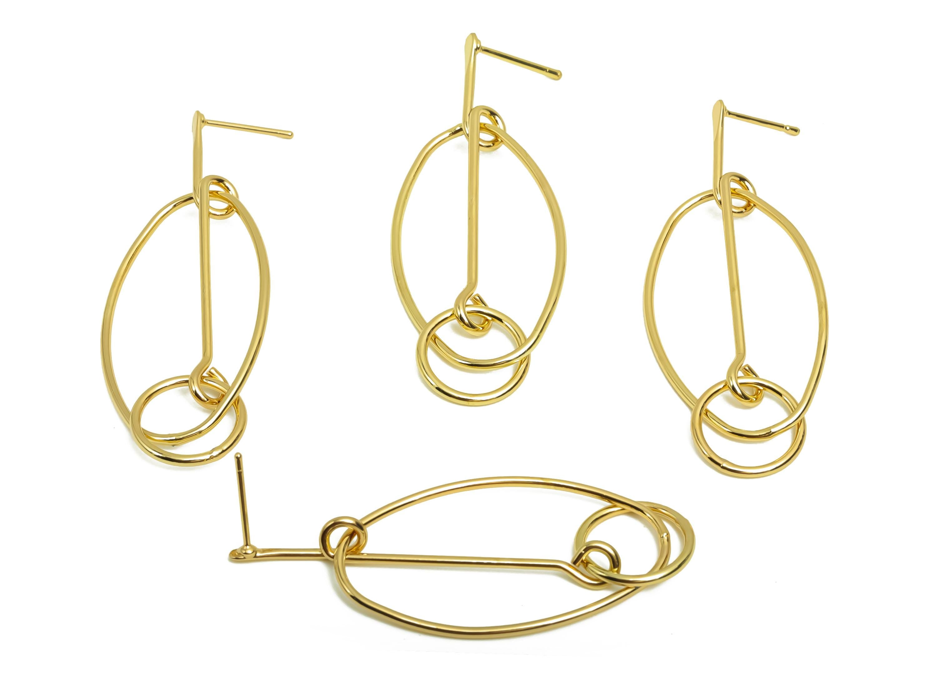 Brass Hammered Earring Post - Brass Dangle Oval Earring Stud - Geometry Earring Post  - 18K Real Gold Plating - 54x19x1.15mm - RGP8025 - DOMEDBAZAAR