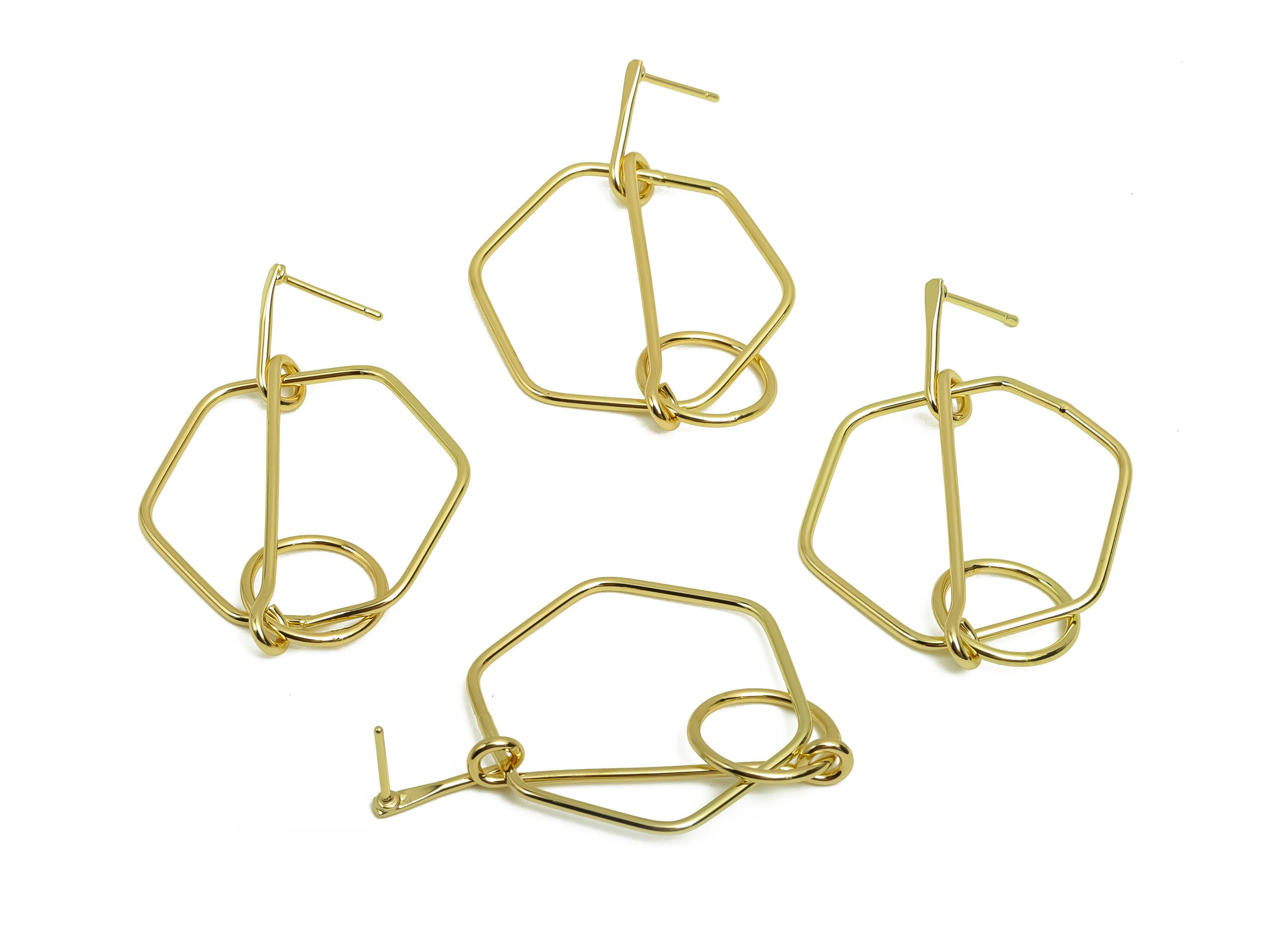 Brass Hammered Earring Post - Brass Dangle Hexagon Earring Stud - Geometry Earring Post  - 18K Real Gold Plating - 49.47x29.26x1mm - RGP8030 - DOMEDBAZAAR