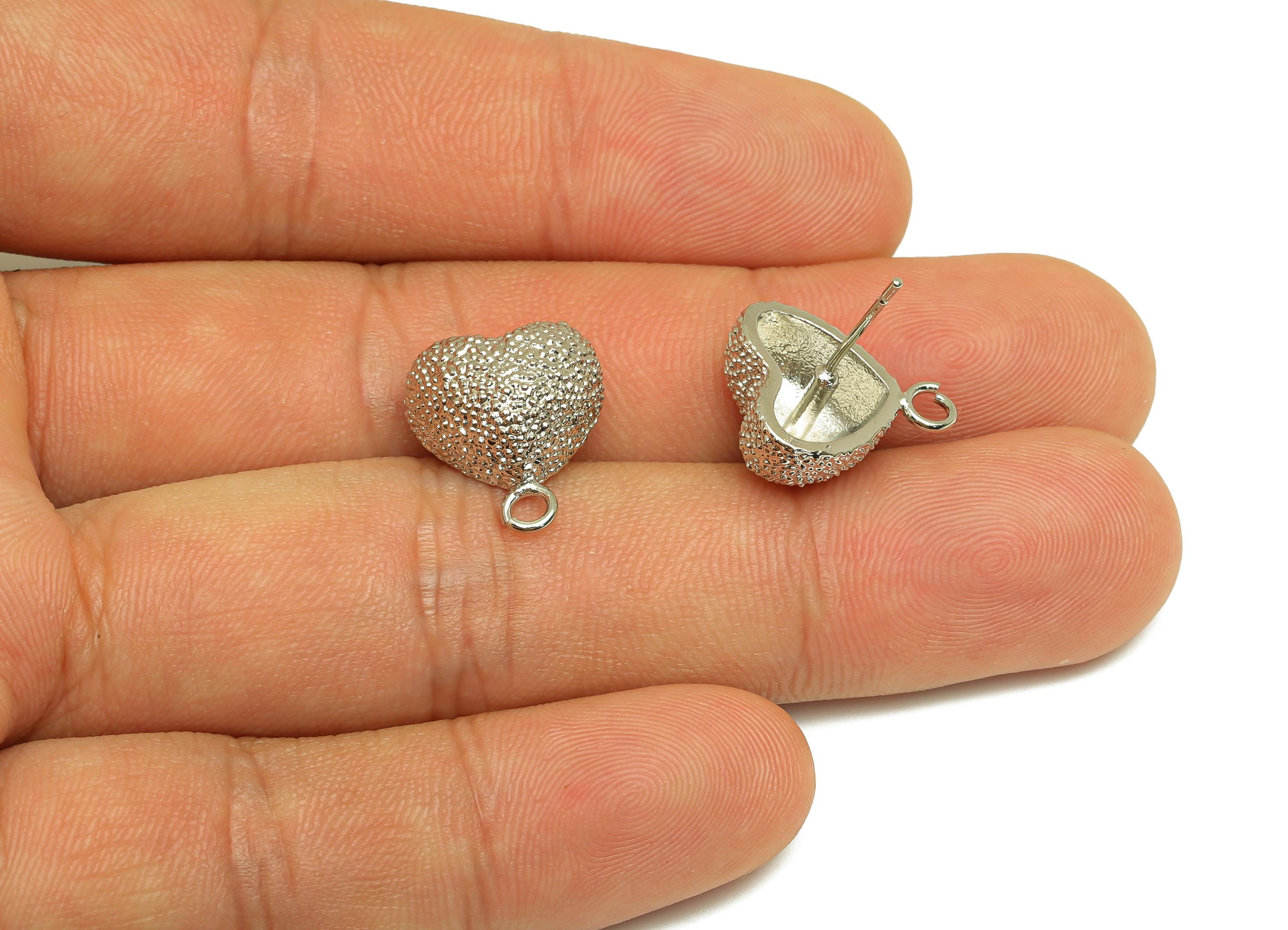 Brass Heart Earring Stud - Textured Heart Earring Post - White Heart Earring Stud - 18K Real White Gold Plated - 18.28x13.67x6.76mm- RGP7736 - DOMEDBAZAAR