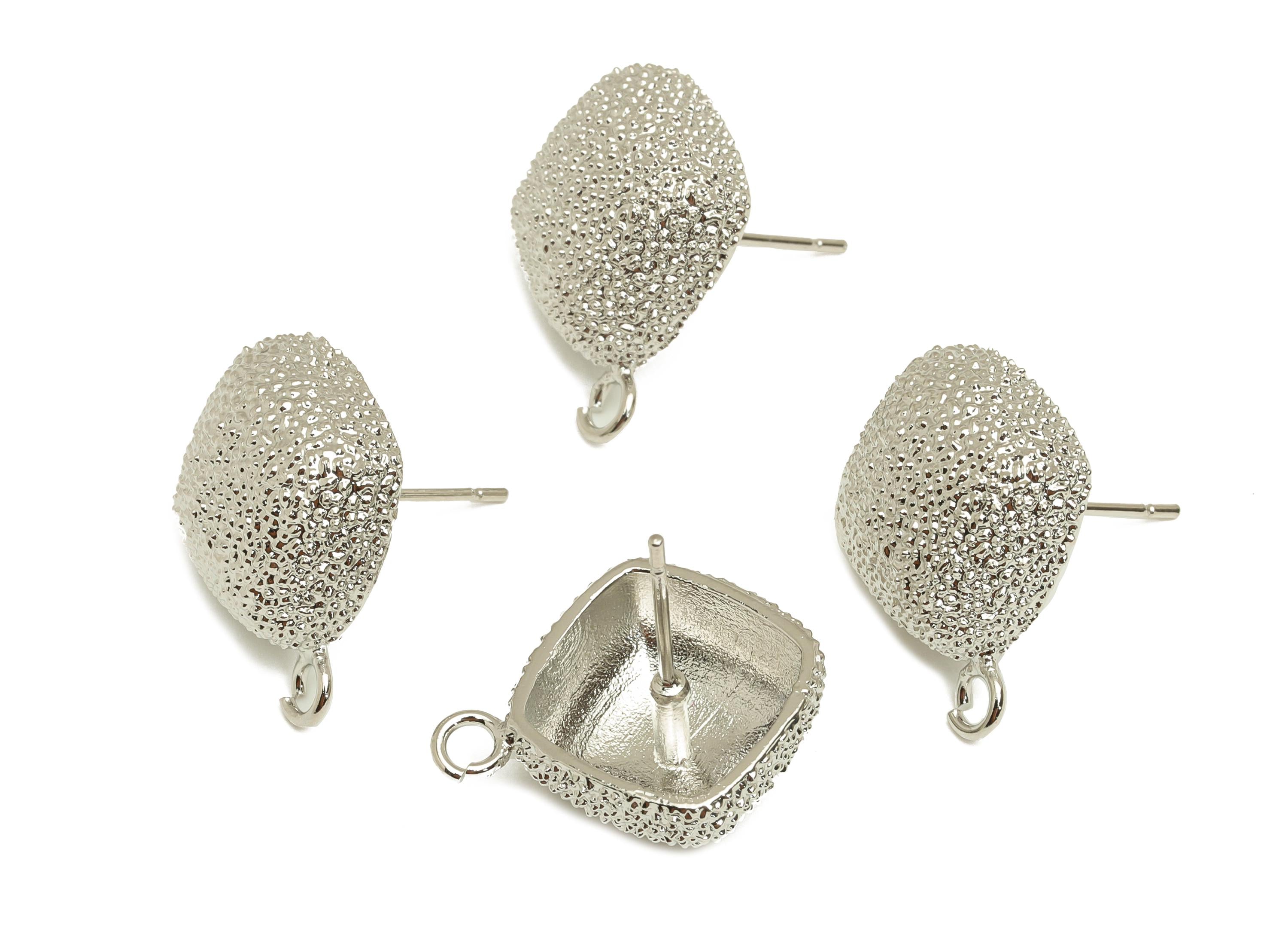 Brass Square Earring Stud - Textured Square Earring Post - White Square Earring - 18K Real White Gold Plated - 18.51x16.36x7.4mm - RGP7737 - DOMEDBAZAAR