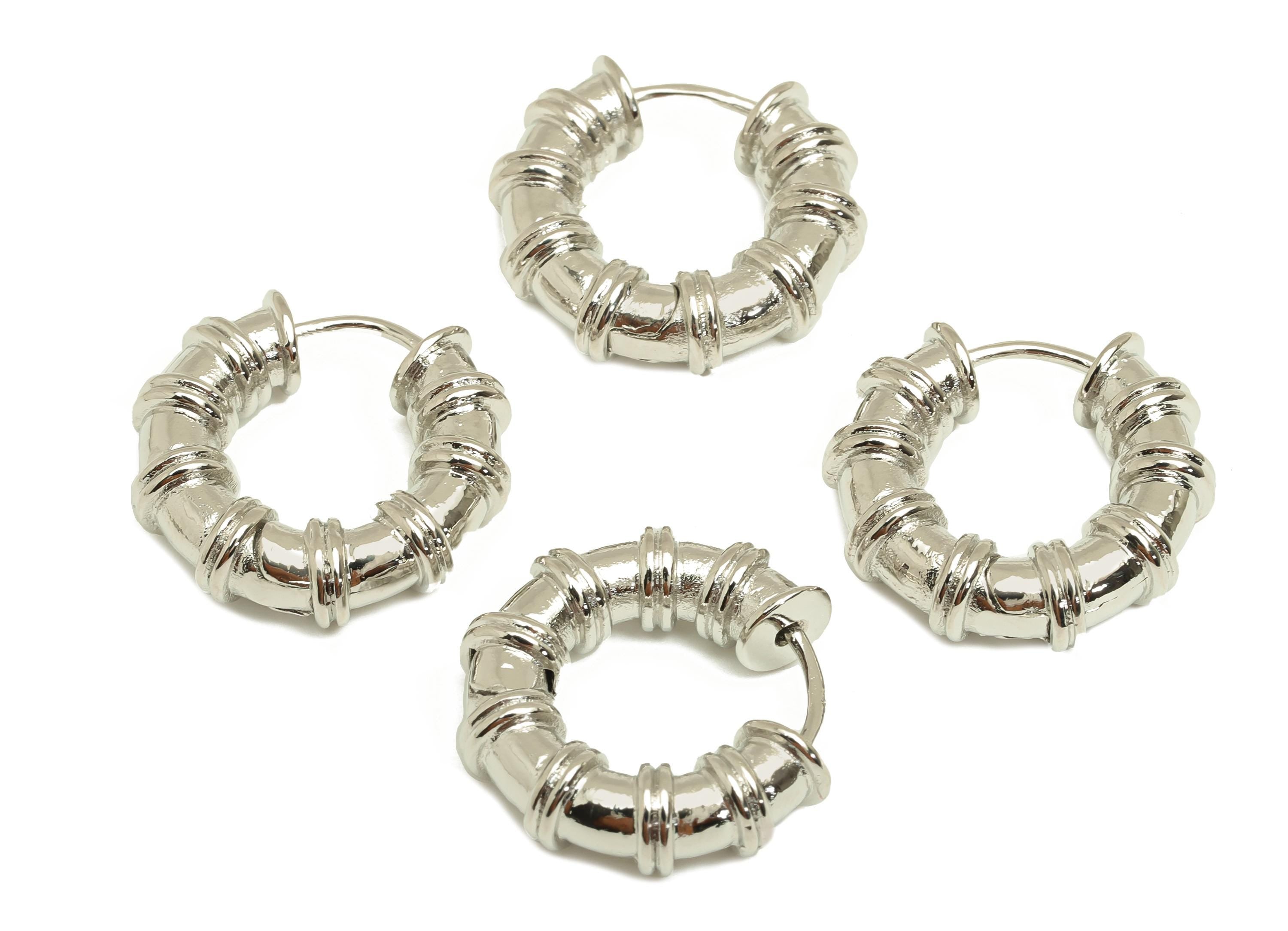 Brass Circle Huggie Earring - White Water Pipes Hoop Earrings - Thick Huggie Clasp - 18K Real White Gold Plated - 21.42x19.83x6mm - RGP7739 - DOMEDBAZAAR
