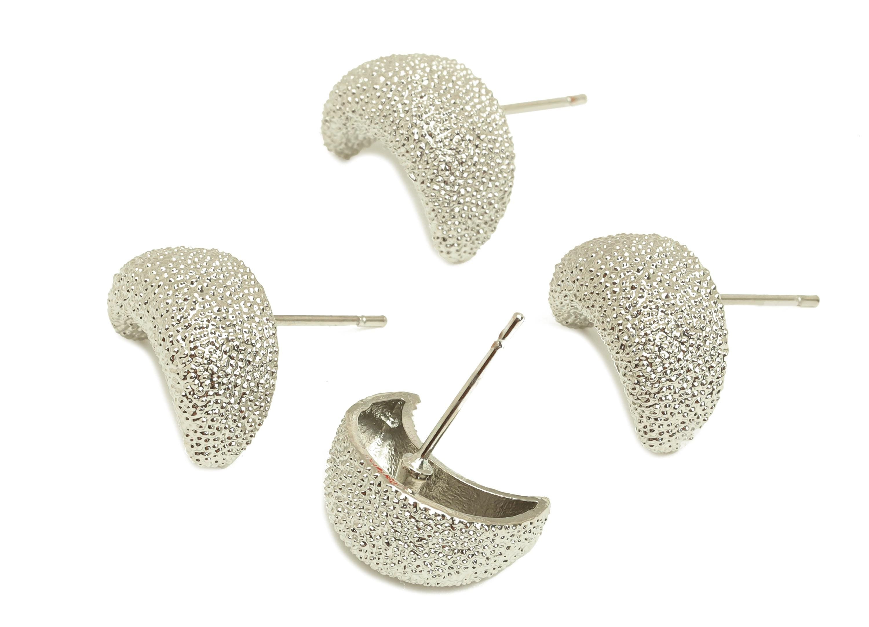 Brass Moon Earring Stud - Textured Crescent Earring Post - White Moon Earring Stud - 18K Real White Gold Plating - 18.47x6.3x7.05mm- RGP7741 - DOMEDBAZAAR