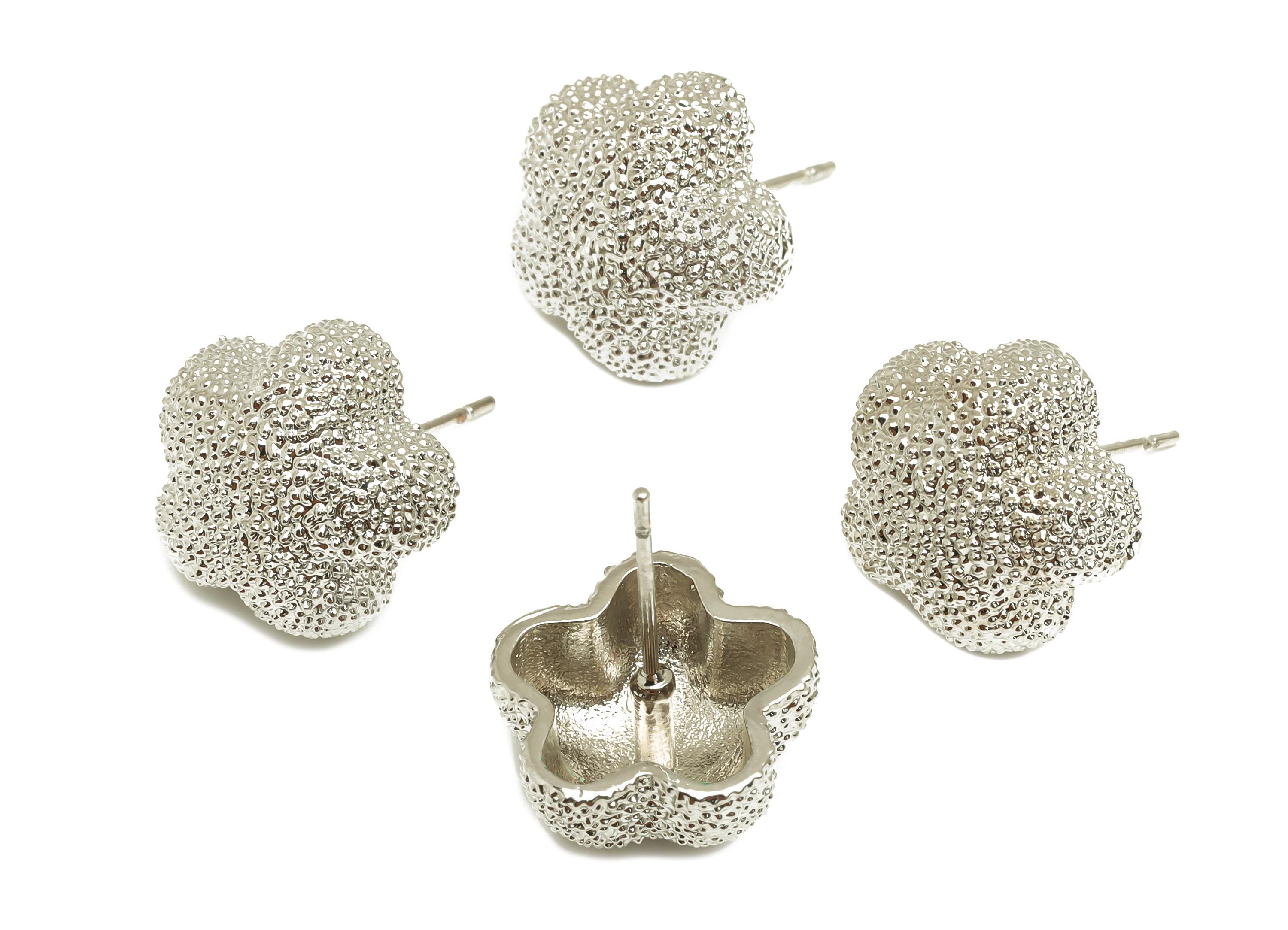 Brass Flower Earring Stud - Textured Flower Earring Post - White Flower Earring - 18K Real White Gold Plated - 18.64x14.7x7.47mm - RGP7742 - DOMEDBAZAAR