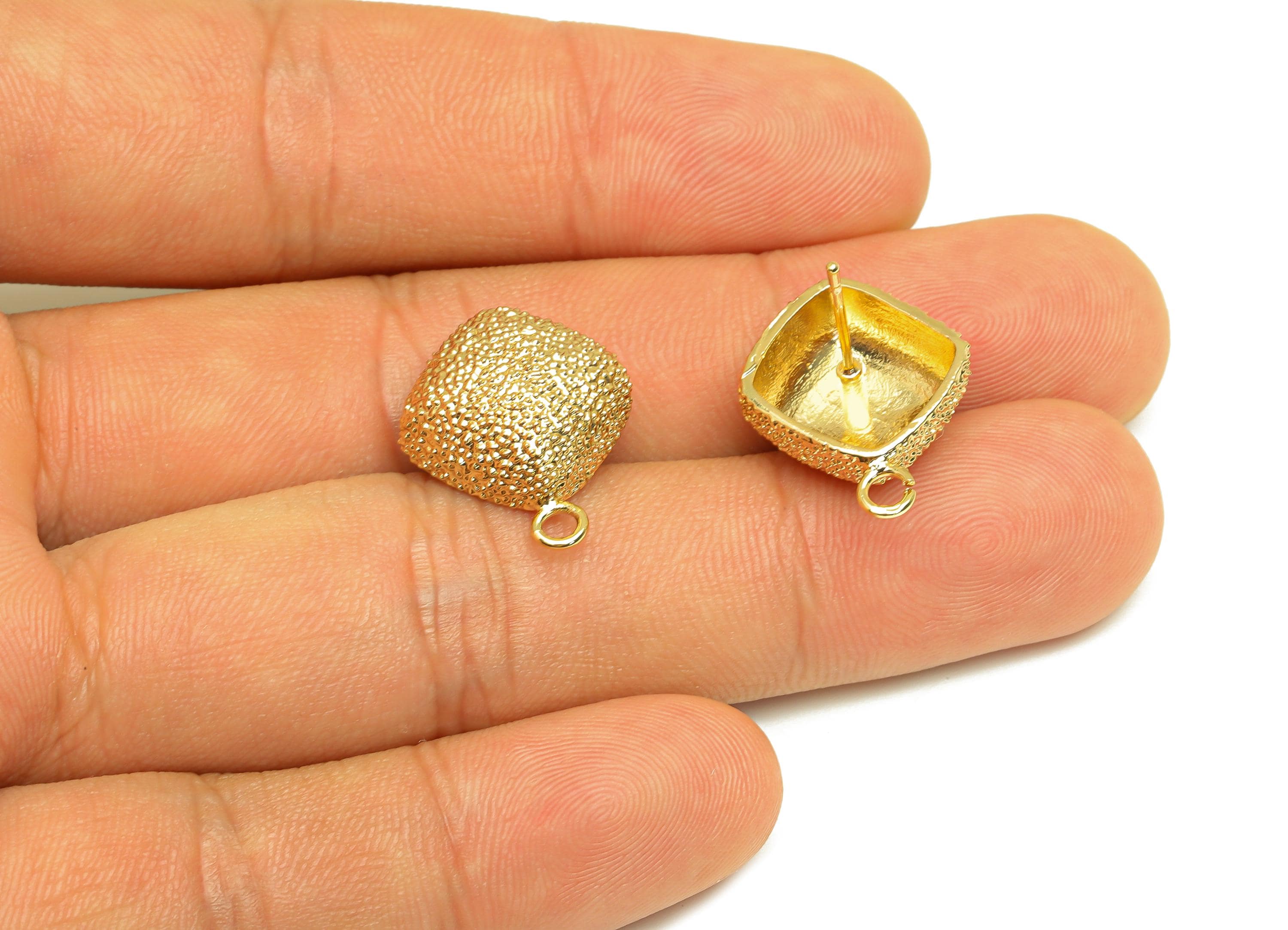 Brass Square Earring Stud - Textured Square Earring Post - Gold Square Earring Stud - 18K Real Gold Plated - 18.51x16.36x7.4mm - RGP7747 - DOMEDBAZAAR