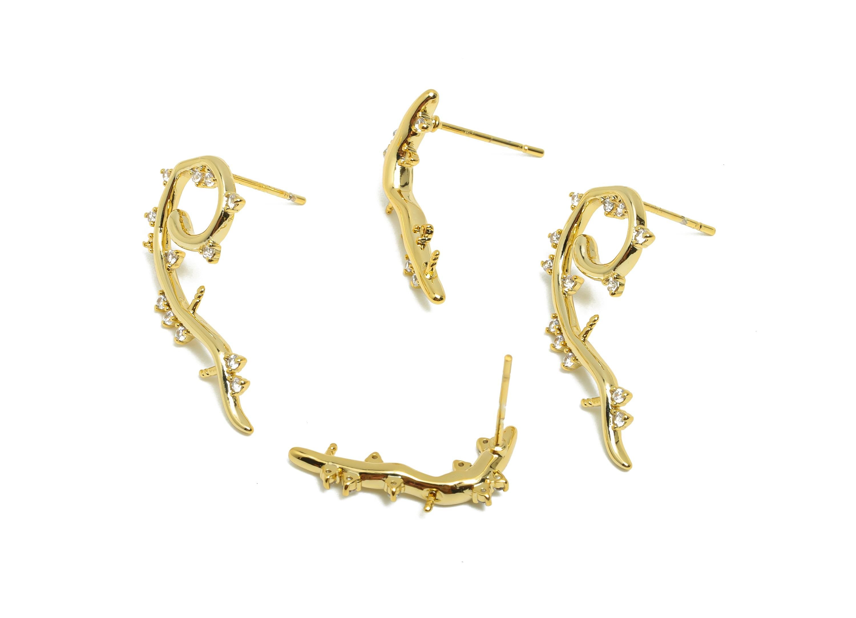 Brass Lug Setting Earring - CZ Curved Bar Earring Setting for Girls - Gold Daily Wear Ear - 18K Real Gold Plated - 26.23x12.9x2.34mm-RGP8525 - DOMEDBAZAAR