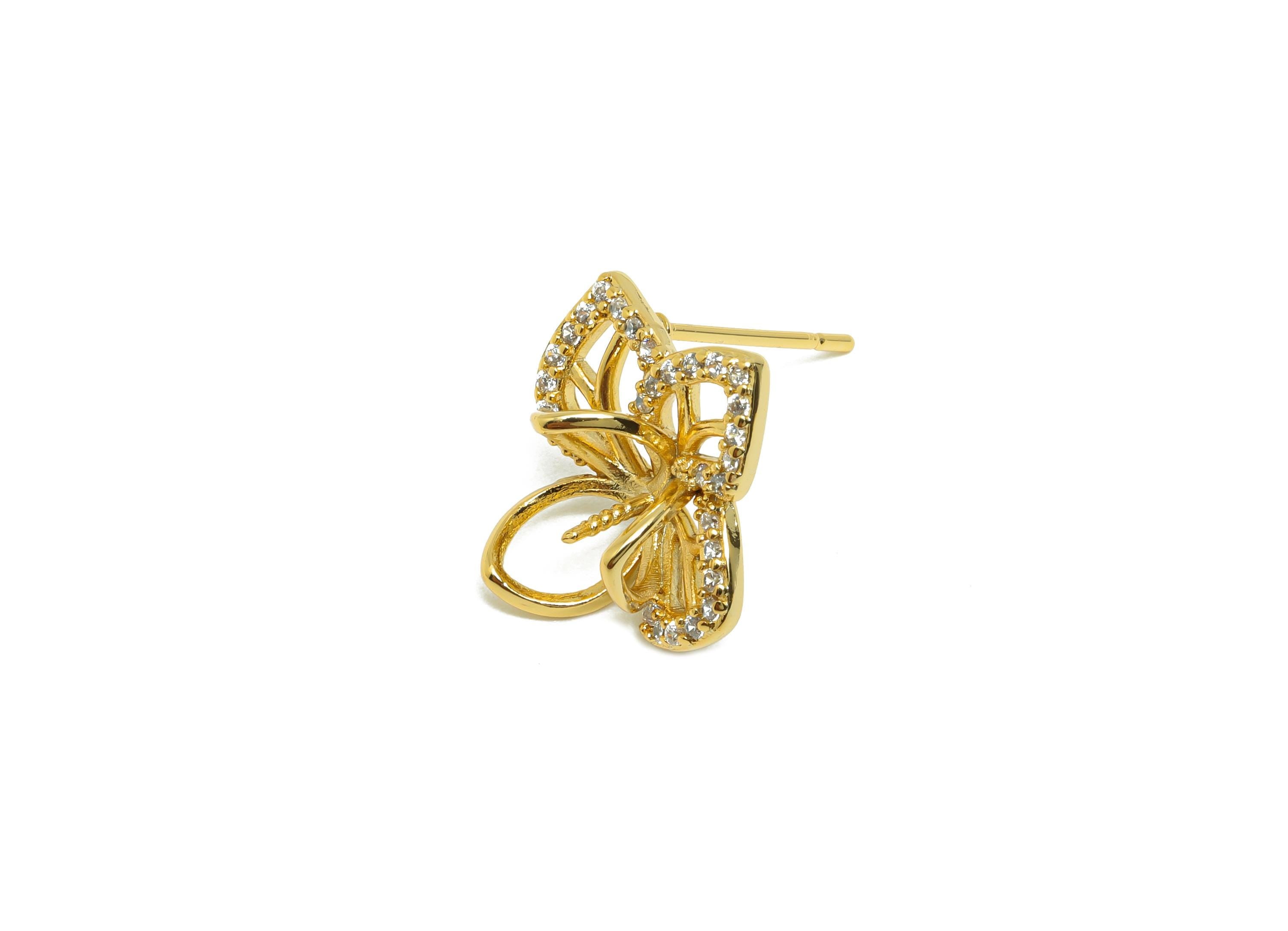 Brass Flower Earring Stud - Earring Setting for Girl&#39;s - Gold Zircon Earring for Party - 18K Real Gold Plating - 15.7x16.3x7.55mm - RGP8538 - DOMEDBAZAAR