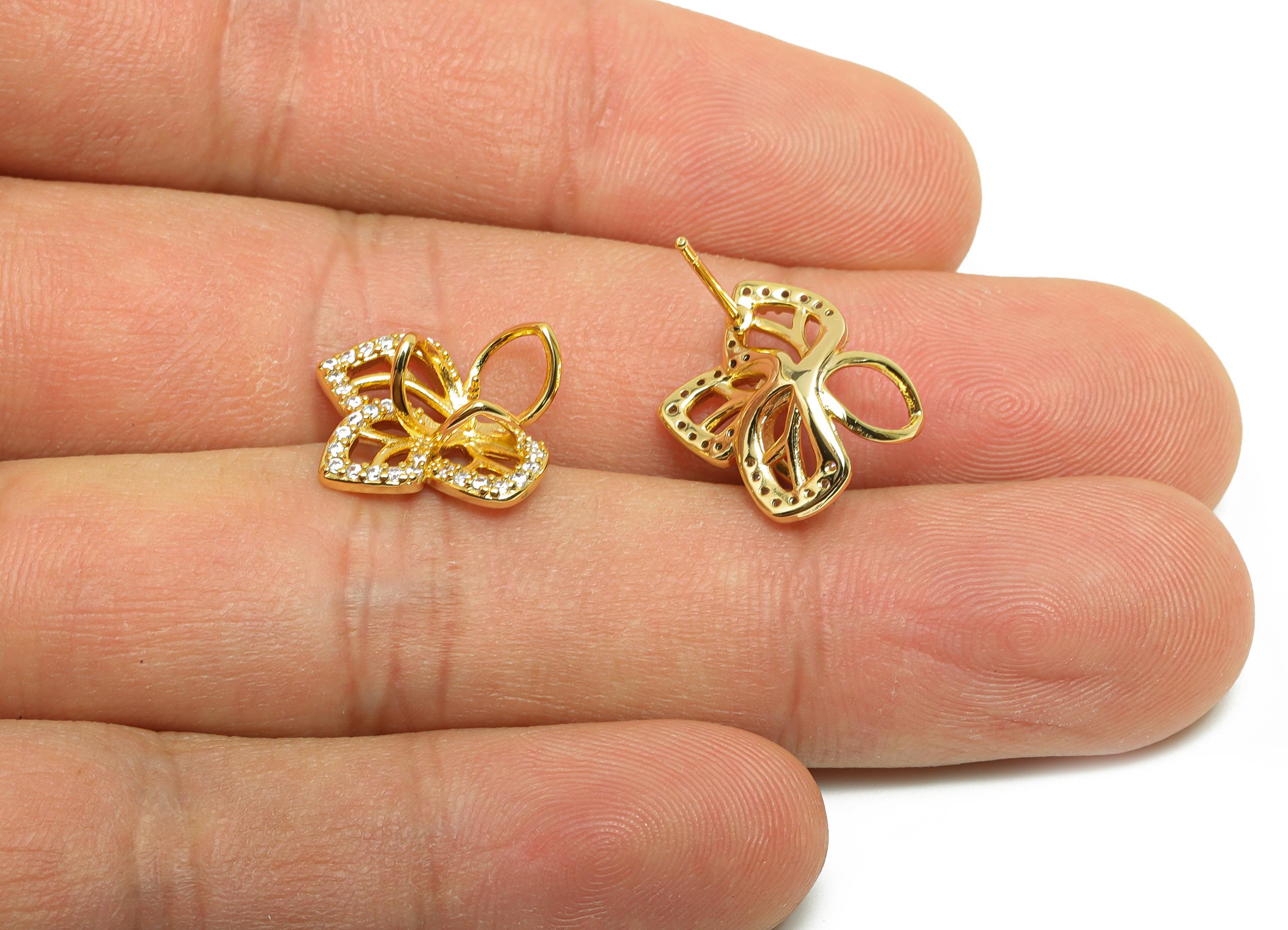 Brass Flower Earring Stud - Earring Setting for Girl&#39;s - Gold Zircon Earring for Party - 18K Real Gold Plating - 15.7x16.3x7.55mm - RGP8538 - DOMEDBAZAAR
