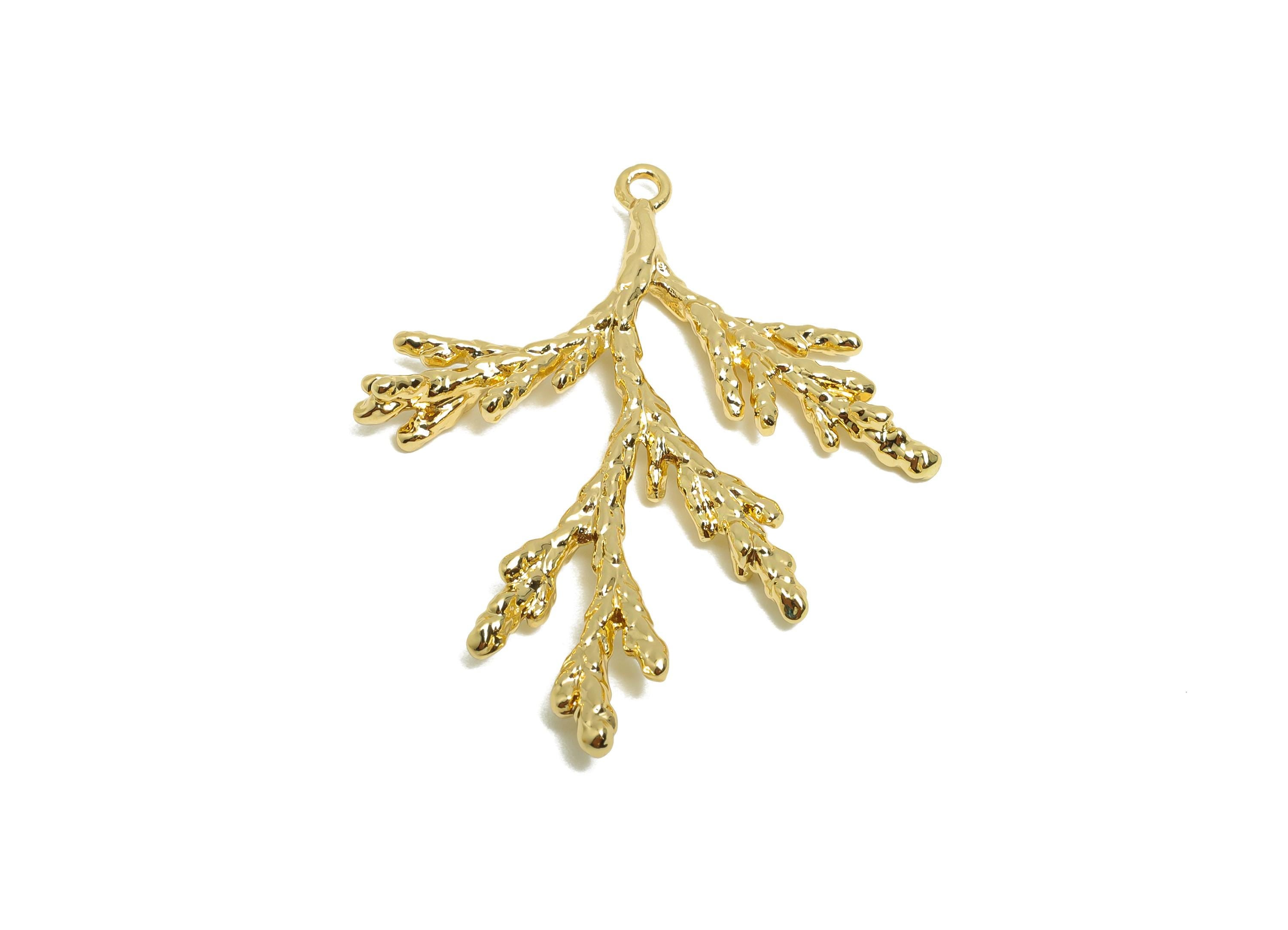 Brass Branch Earring Charm - Gold Hammered Charm for Necklace - Textured Branch Pendant - 18K Real Gold Plated - 35.5x29x2.55mm - RGP8541 - DOMEDBAZAAR
