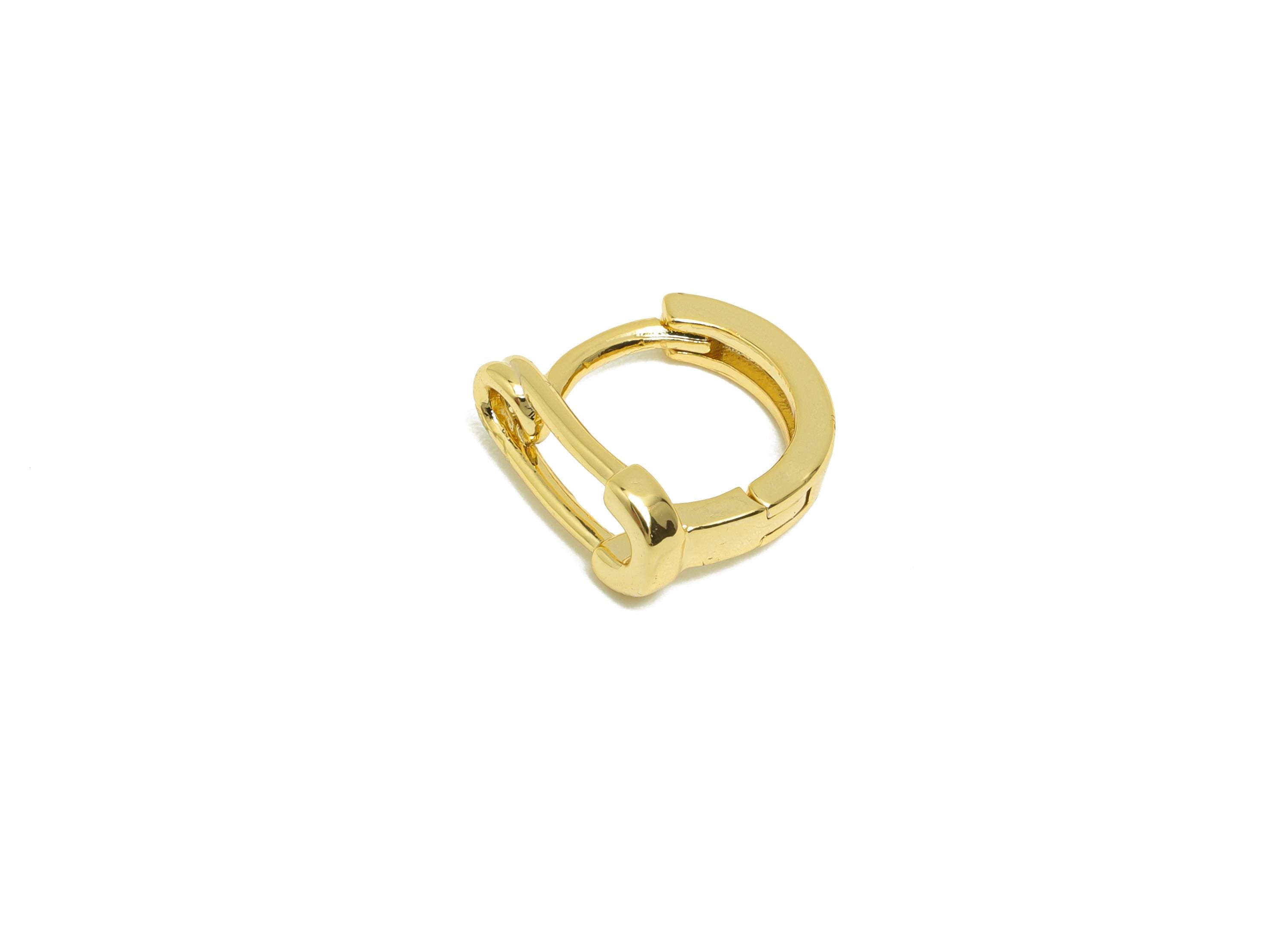 Brass Safety Pin Hoop Earring - Gold Huggie Earring for Girl&#39;s - Circle Daily Wear Ear - 18K Real Gold Plated - 11.3x10.6x4.94mm - RGP8544 - DOMEDBAZAAR