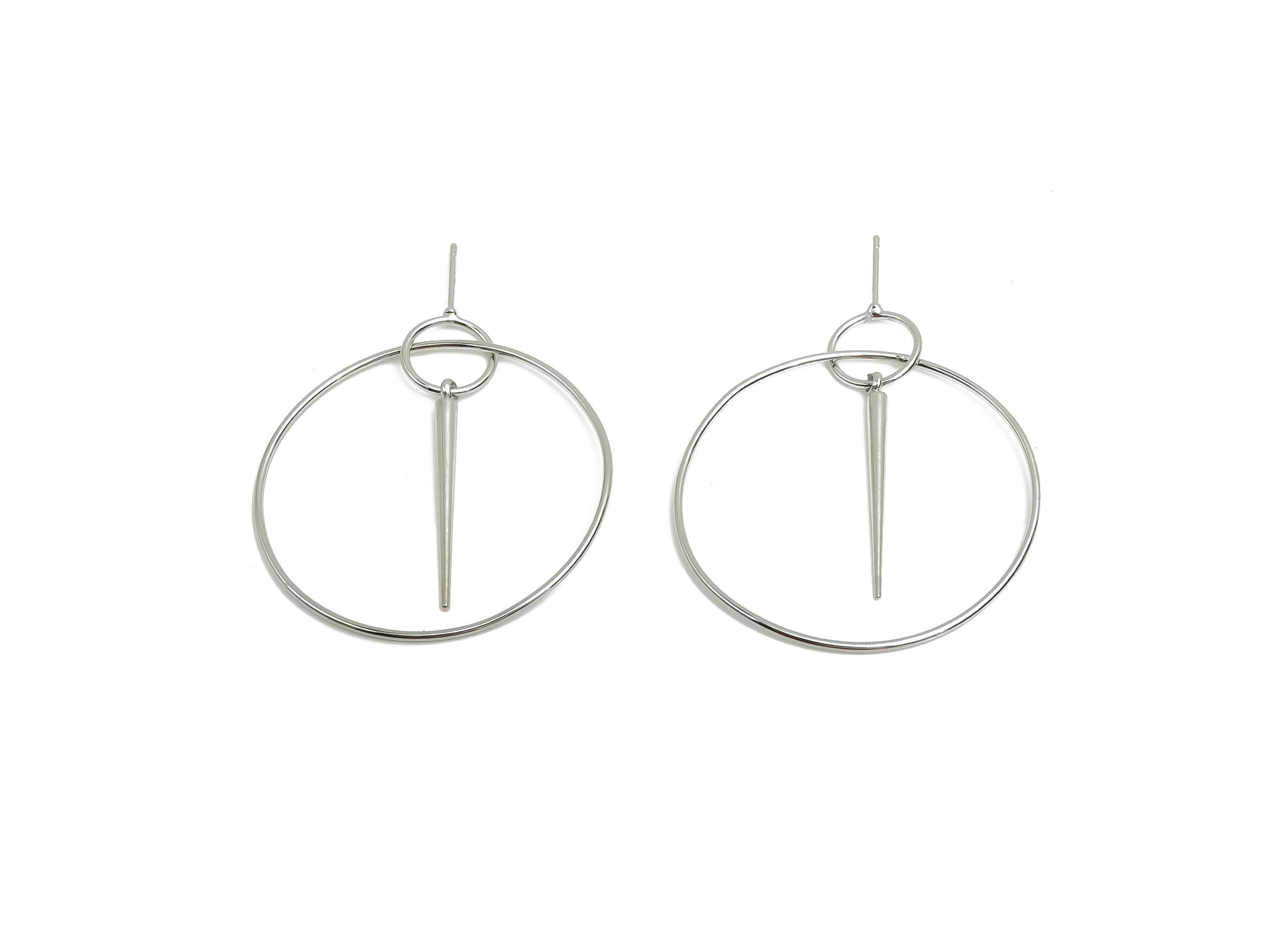 Brass Hoop Dangle Earring Post - Brass Awl Earring Post - Brass Dangle Pin Earring Post - 18K Real White Gold Plating - 48x40x1.1mm- RGP8049 - DOMEDBAZAAR