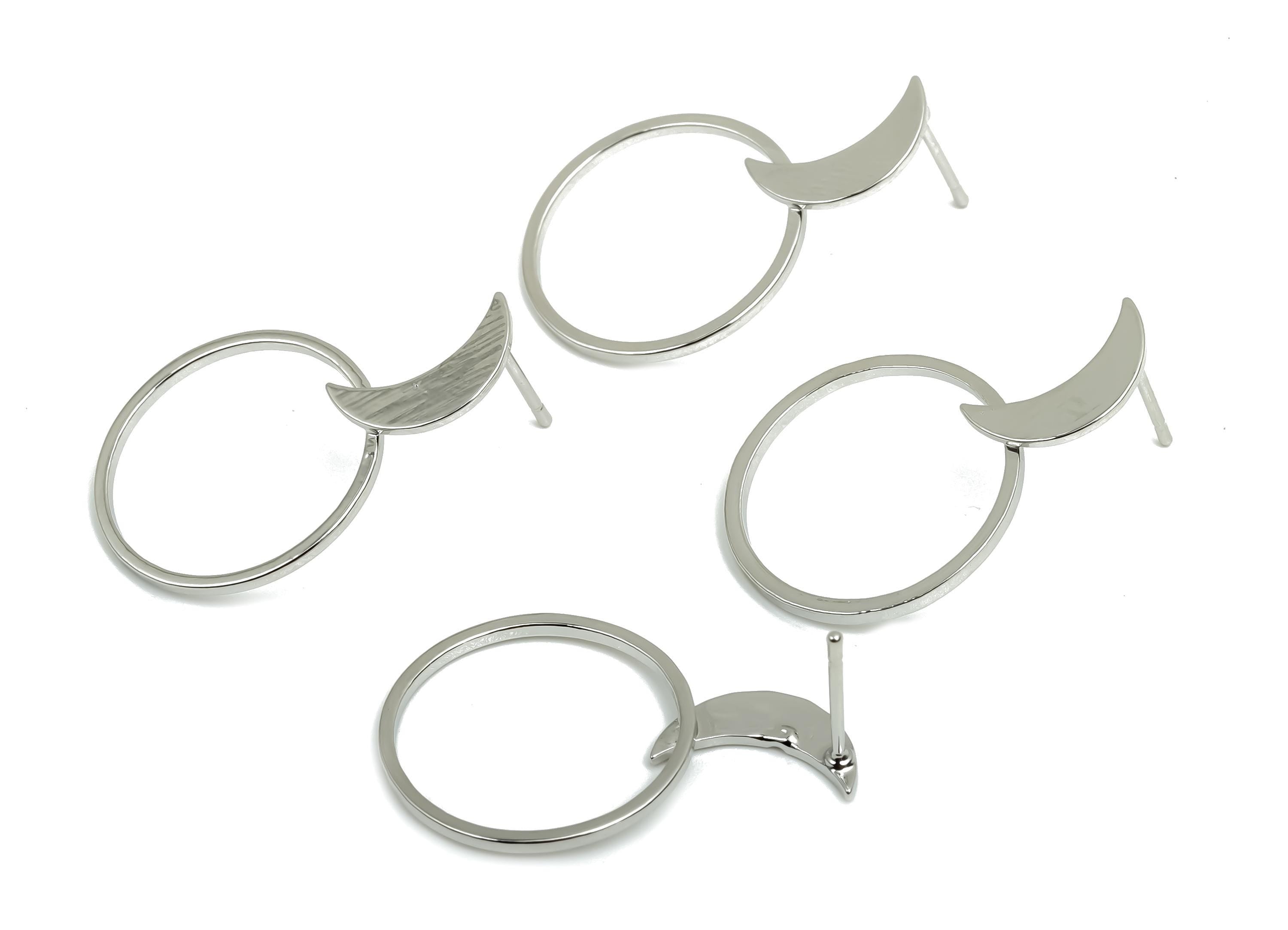 Brass Crescent Earring Post -  Brass Round Earring Post - Brass Moon Earring Post - 18K Real White Gold Plating - 29.61x19.8x0.8mm - RGP8045 - DOMEDBAZAAR