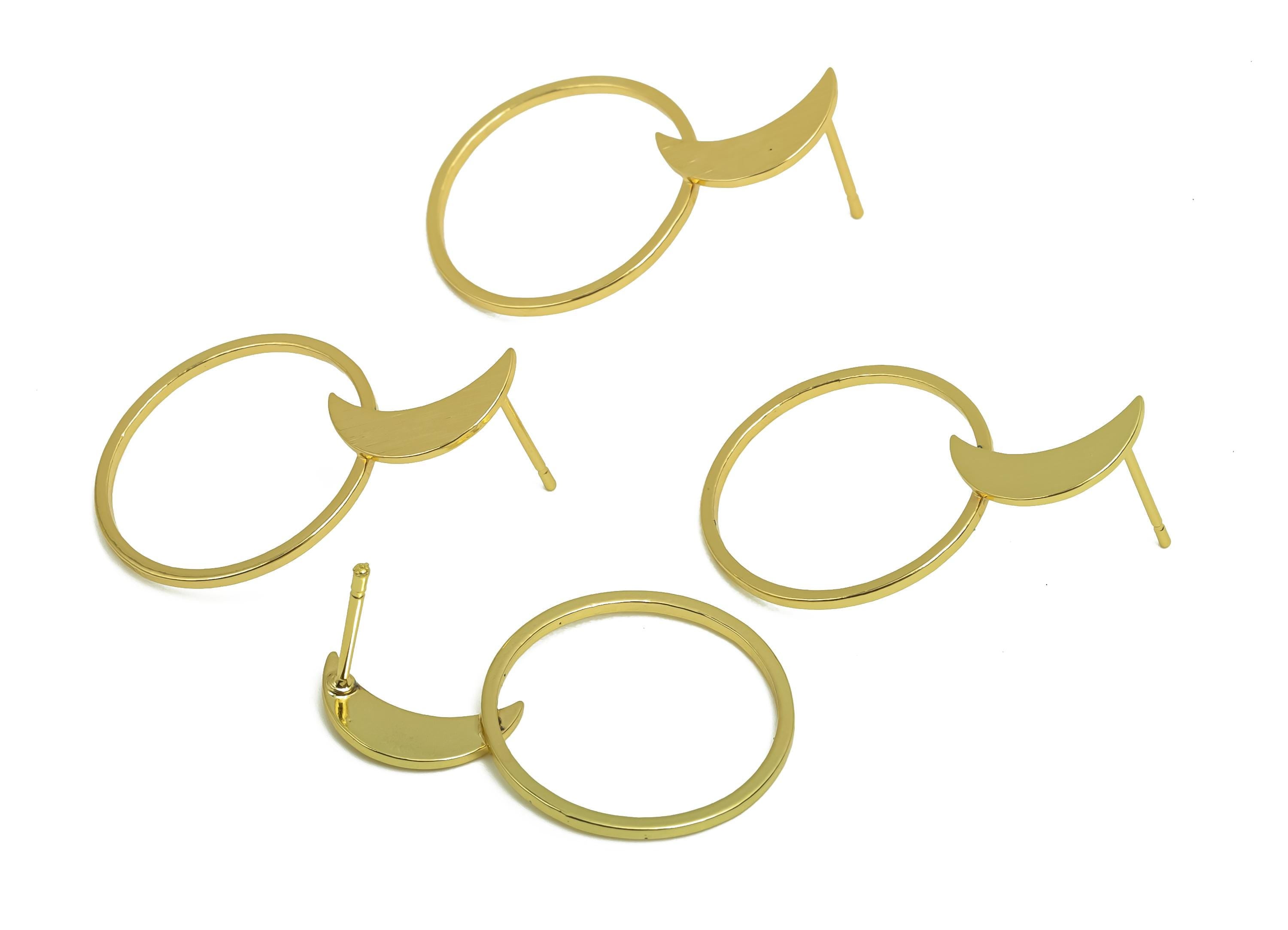 Brass Crescent Earring Post -  Brass Round Earring Post - Brass Moon Earring Post - 18K Real Gold Plating - 29.61x19.8x0.8mm - RGP8033 - DOMEDBAZAAR
