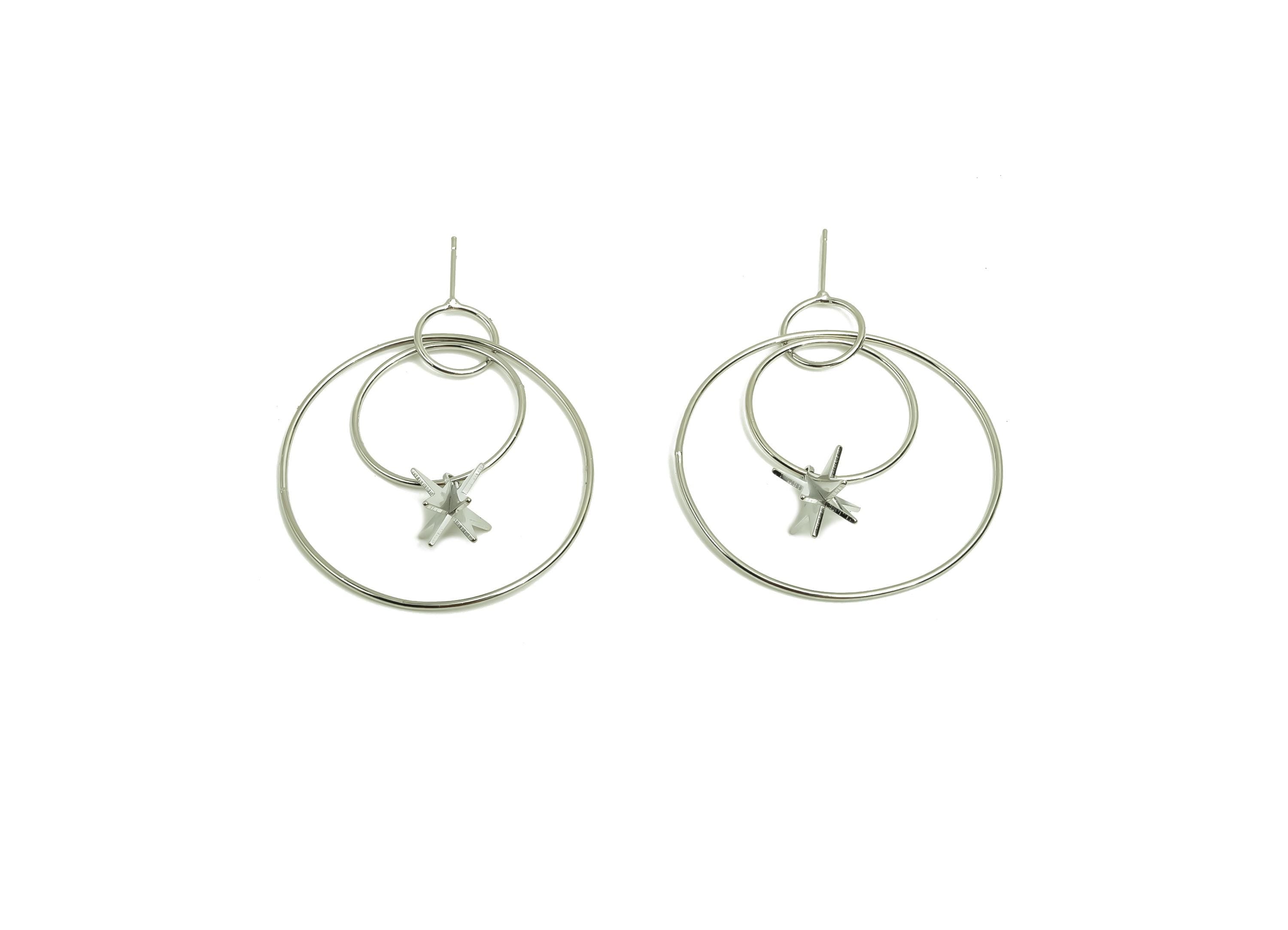 Brass Star Earring Post -  Brass Dangle Earring Post - Brass Round Earring Post - 18K Real White Gold Plating - 47.44x39x1.1mm - RGP8044 - DOMEDBAZAAR