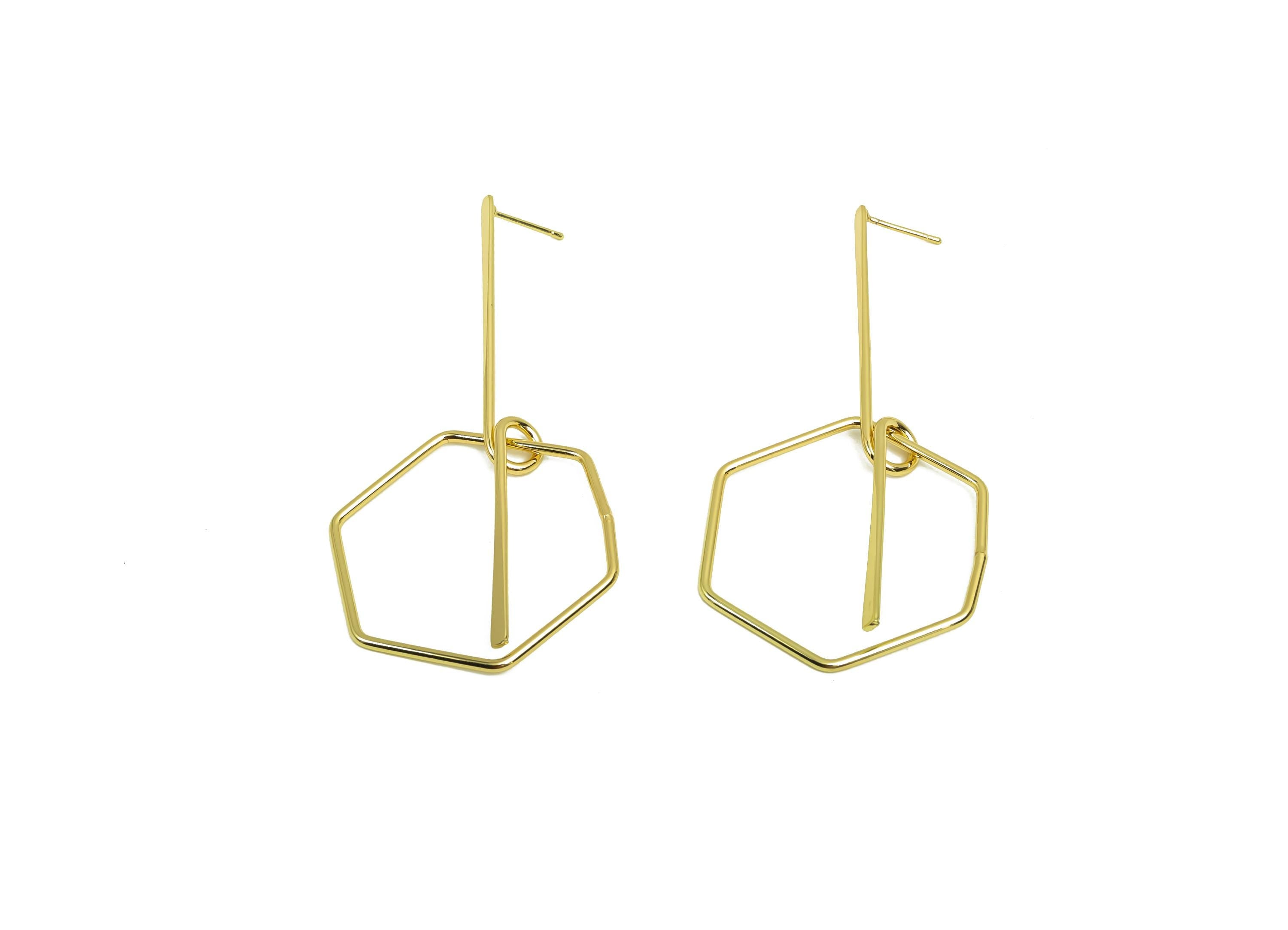 Brass Hammered Earring Post -  Brass Hexagon Earring Post - Brass Dangle Earring Post - 18K Real Gold Plating - 78.5x35x0.93mm - RGP8029 - DOMEDBAZAAR