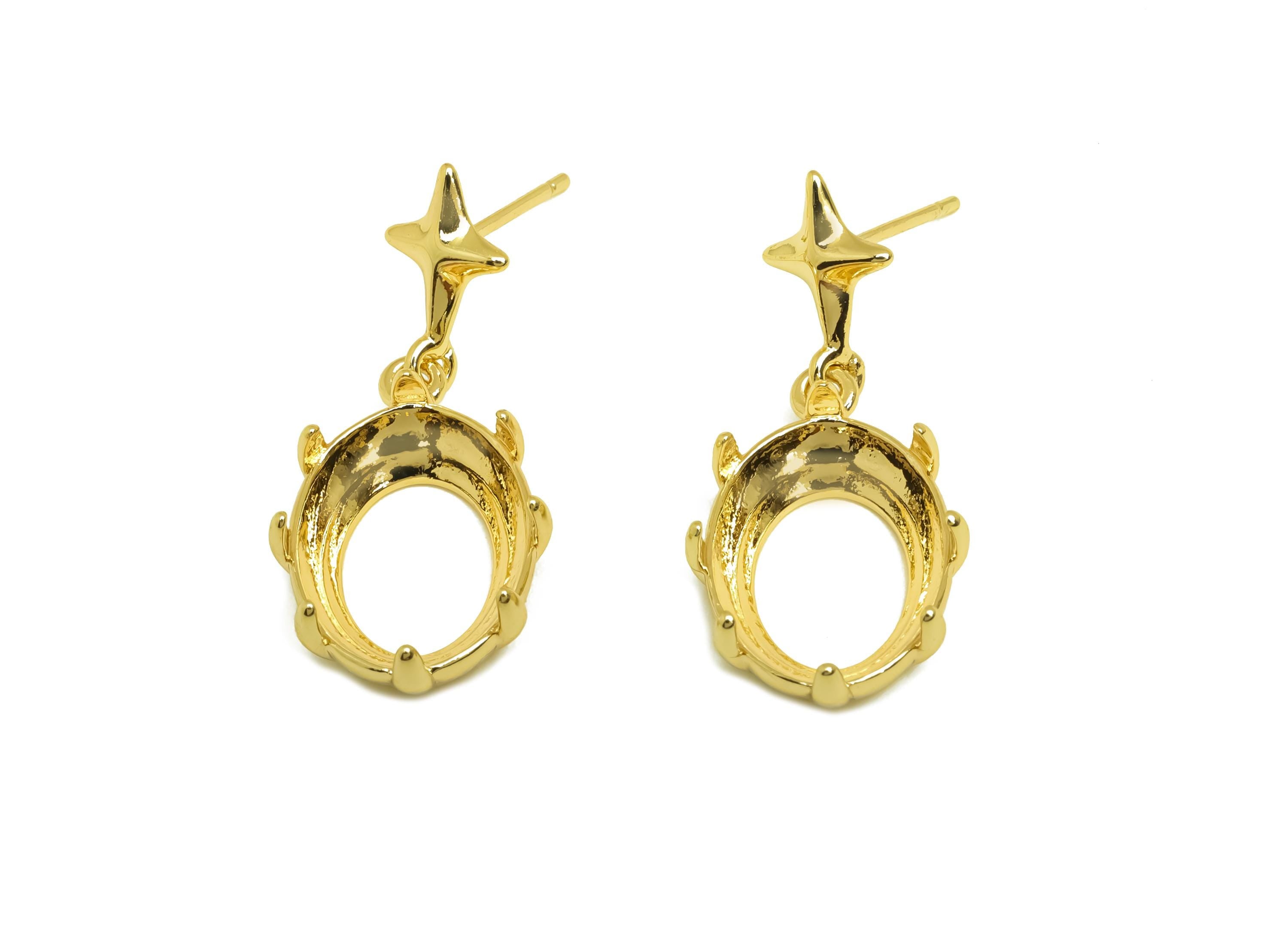 Brass Dangle Earring Setting - Star Oval Hanging Earring Post - Gold Oval Earring Setting - 18K Real Gold Plated - 29x13.69x1.23mm - RGP7931 - DOMEDBAZAAR
