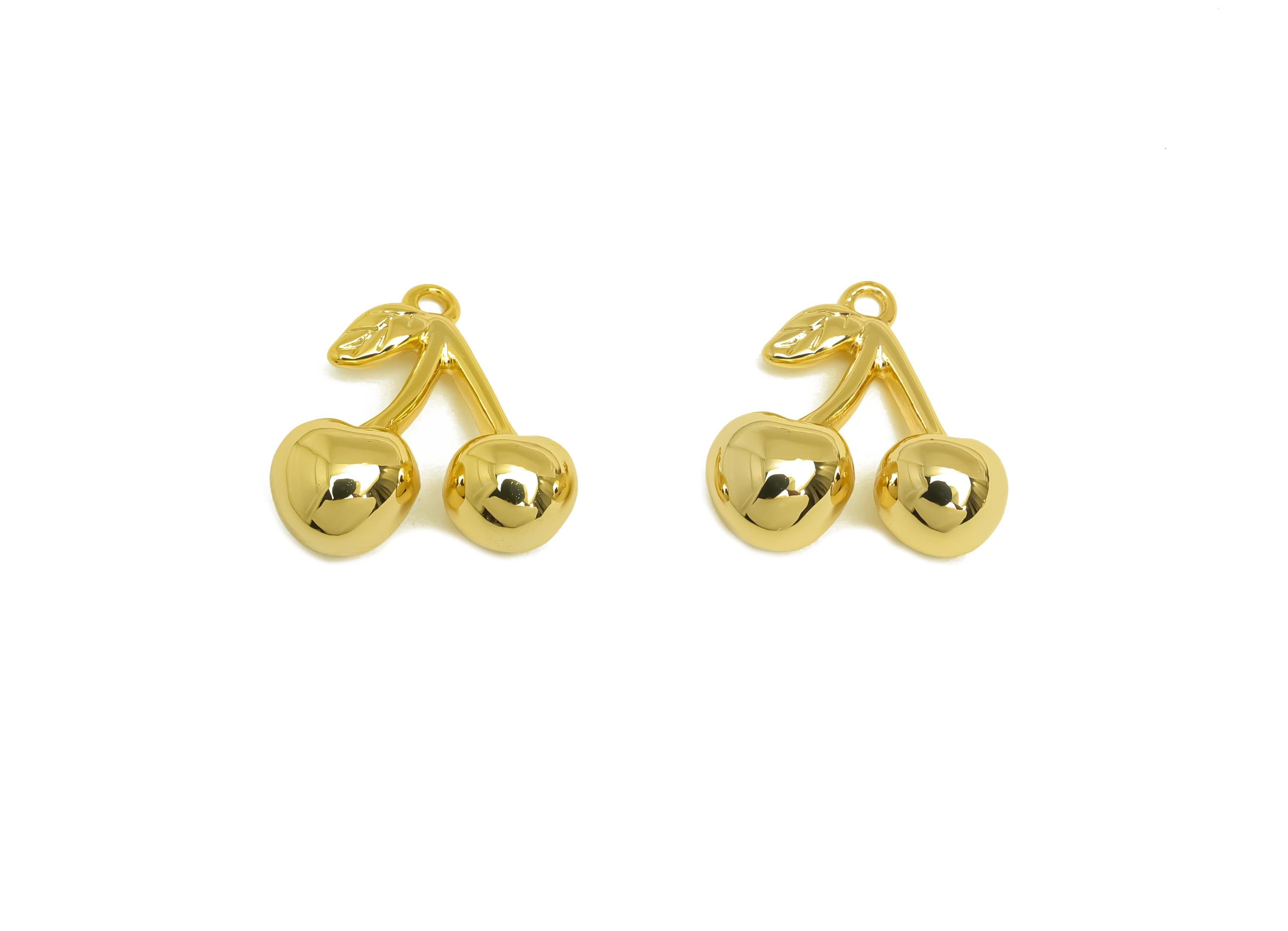 Brass Fruits Earring Charm - Gold Fruits Cherry Charm - Fruit Cherry Pendant with Loop - 18K Real Gold Plating - 17.69x15.3x1.8mm - RGP7933 - DOMEDBAZAAR