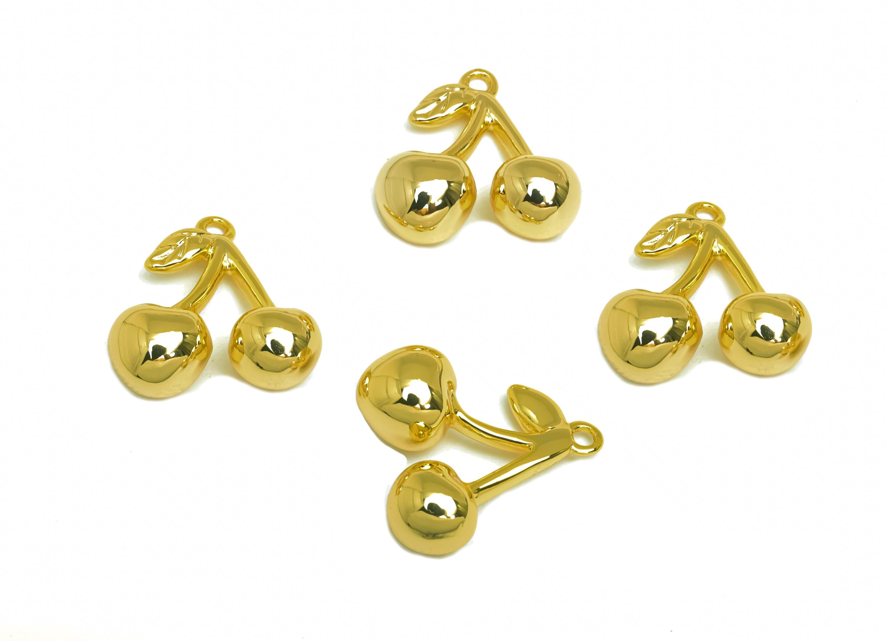 Brass Fruits Earring Charm - Gold Fruits Cherry Charm - Fruit Cherry Pendant with Loop - 18K Real Gold Plating - 17.69x15.3x1.8mm - RGP7933 - DOMEDBAZAAR