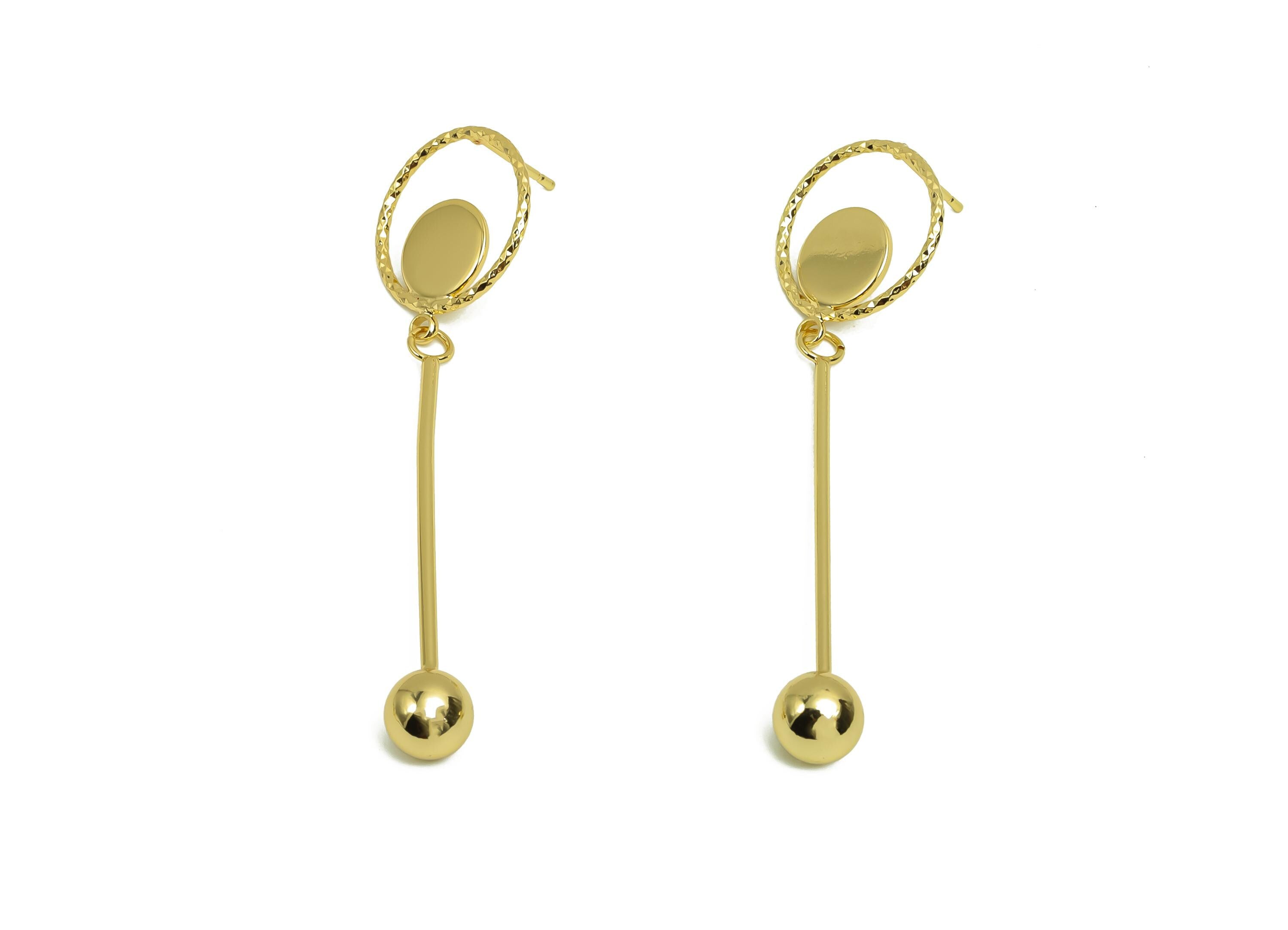 Brass Ball Dangle Wire Earring Post - Brass Textured Stick Earring Post -  Ball Earring Post  - 18K Real Gold Plating - 70x17x1mm - RGP8027 - DOMEDBAZAAR