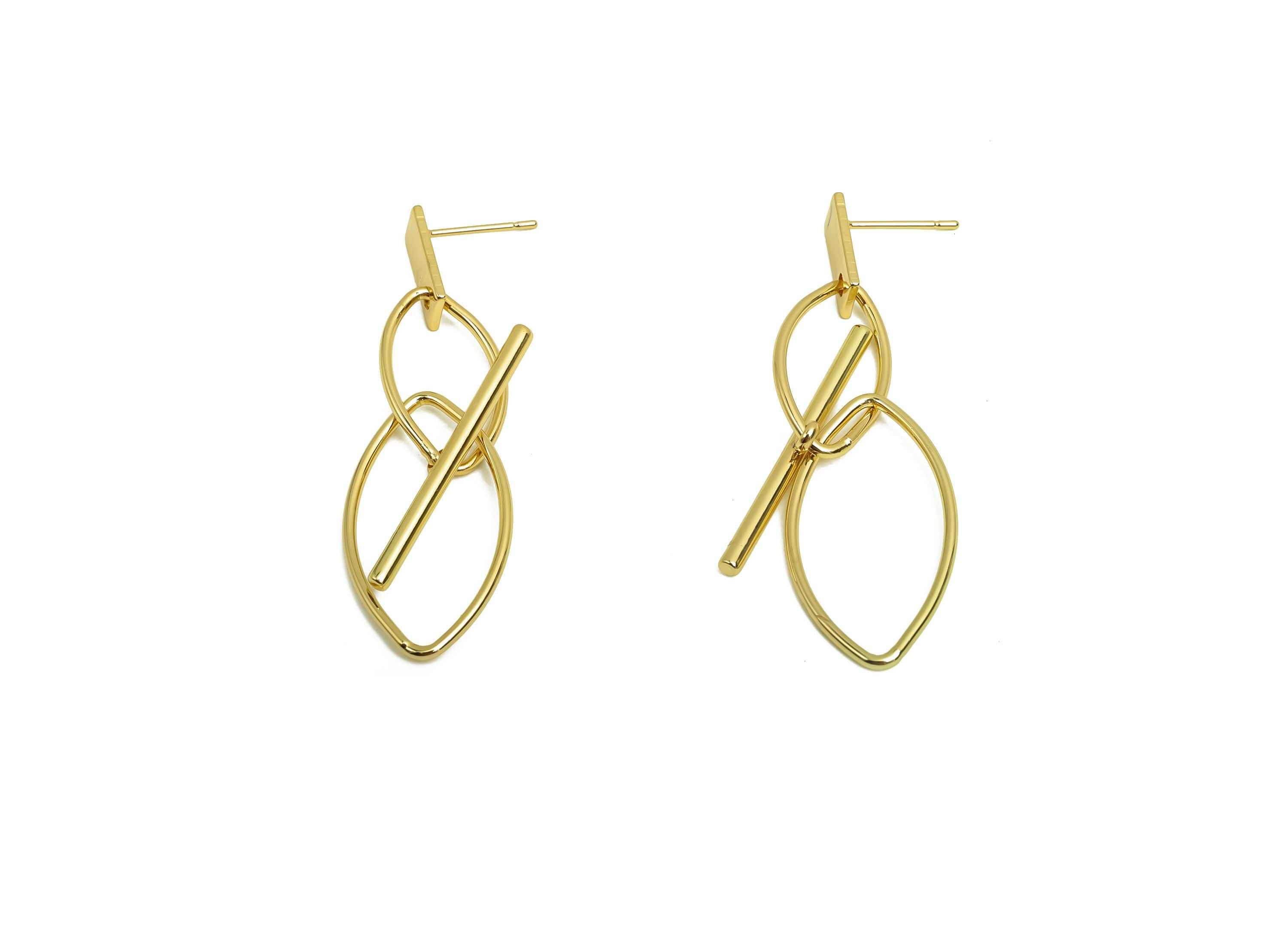 Brass Dangle Wire Earring Post - Brass Marquise Earring Post -  Brass Interlock Earring Post  - 18K Real Gold Plating - 52x14x1mm - RGP8011 - DOMEDBAZAAR