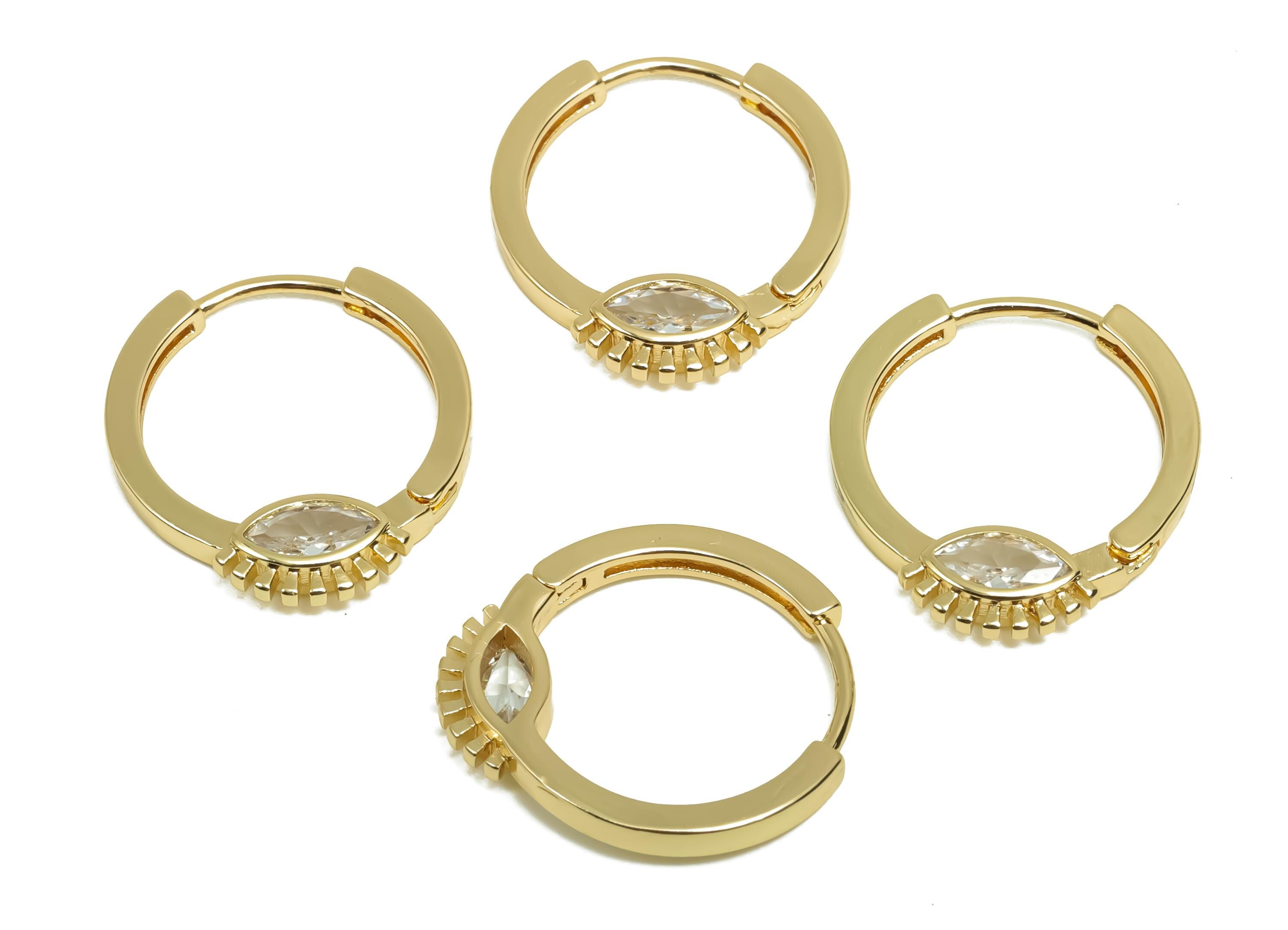 Brass CZ Hoop Earring - Brass Marquise Huggie Hoop Earring - Zircon Clasp Hoop Earring - 18K Real Gold Plating - 20x18x3.05mm - RGP8132 - DOMEDBAZAAR