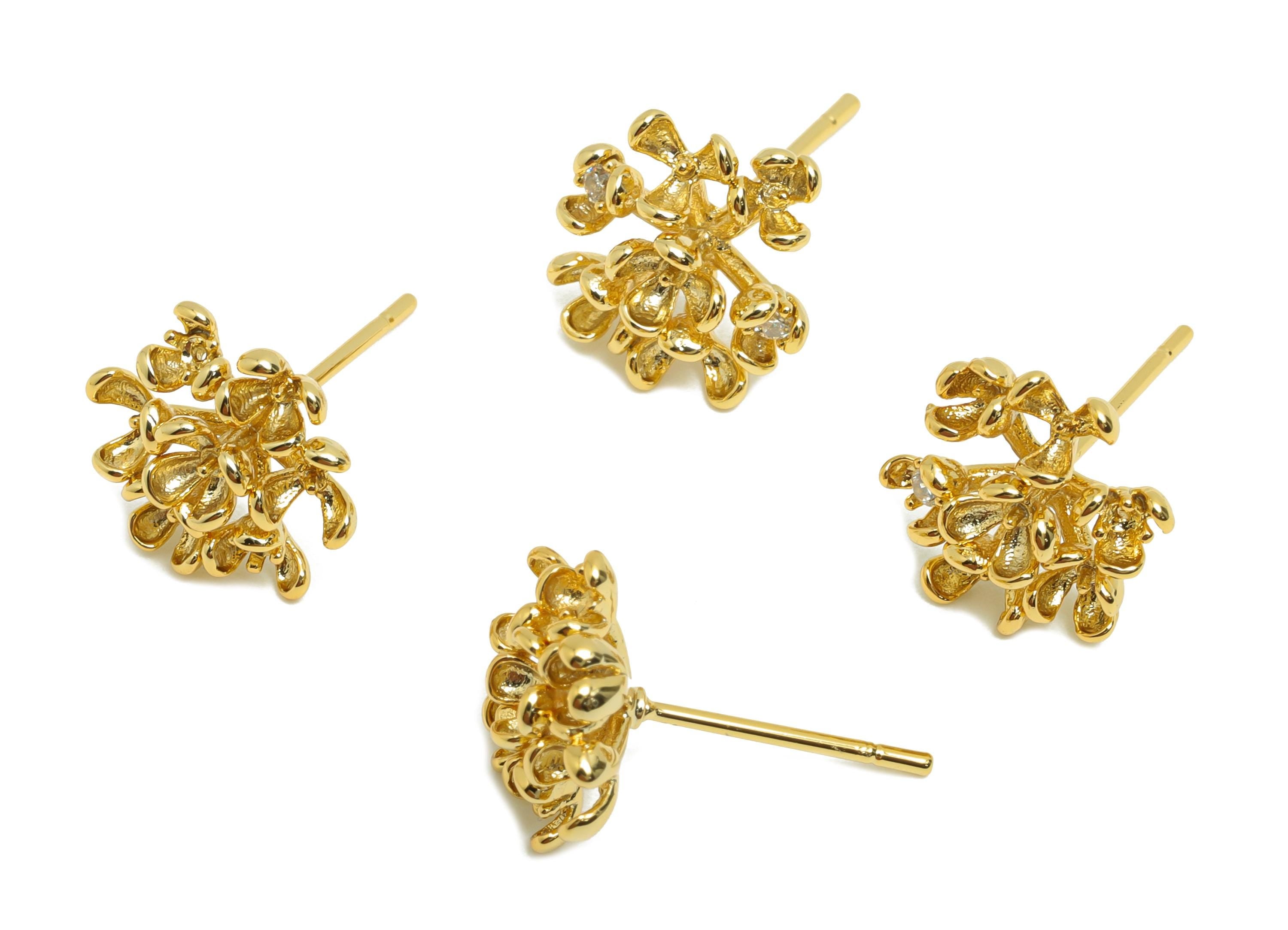 Brass Flower Earring Stud - Textured Earring Post for Girls - Gold Daily Wear Stud Earring - 18K Real Gold Plating - 17x12.4x5.6mm - RGP8555 - DOMEDBAZAAR