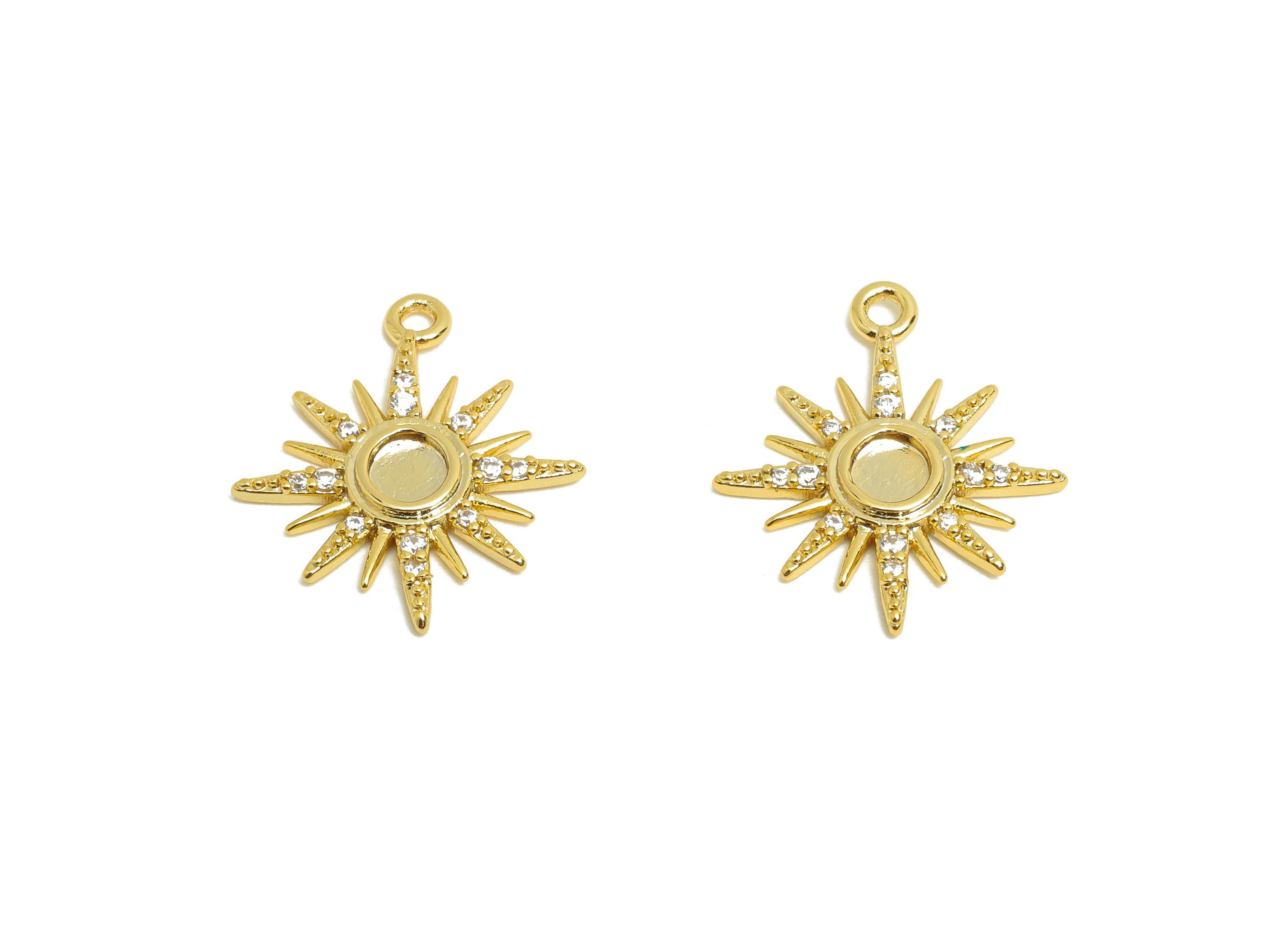 Brass Sun Earring Charm - Gold Textured Bracelet Charm - Zircon Sunshine Pendant with Loop - 18K Real Gold Plating - 17x14.8x1.68mm- RGP8558 - DOMEDBAZAAR