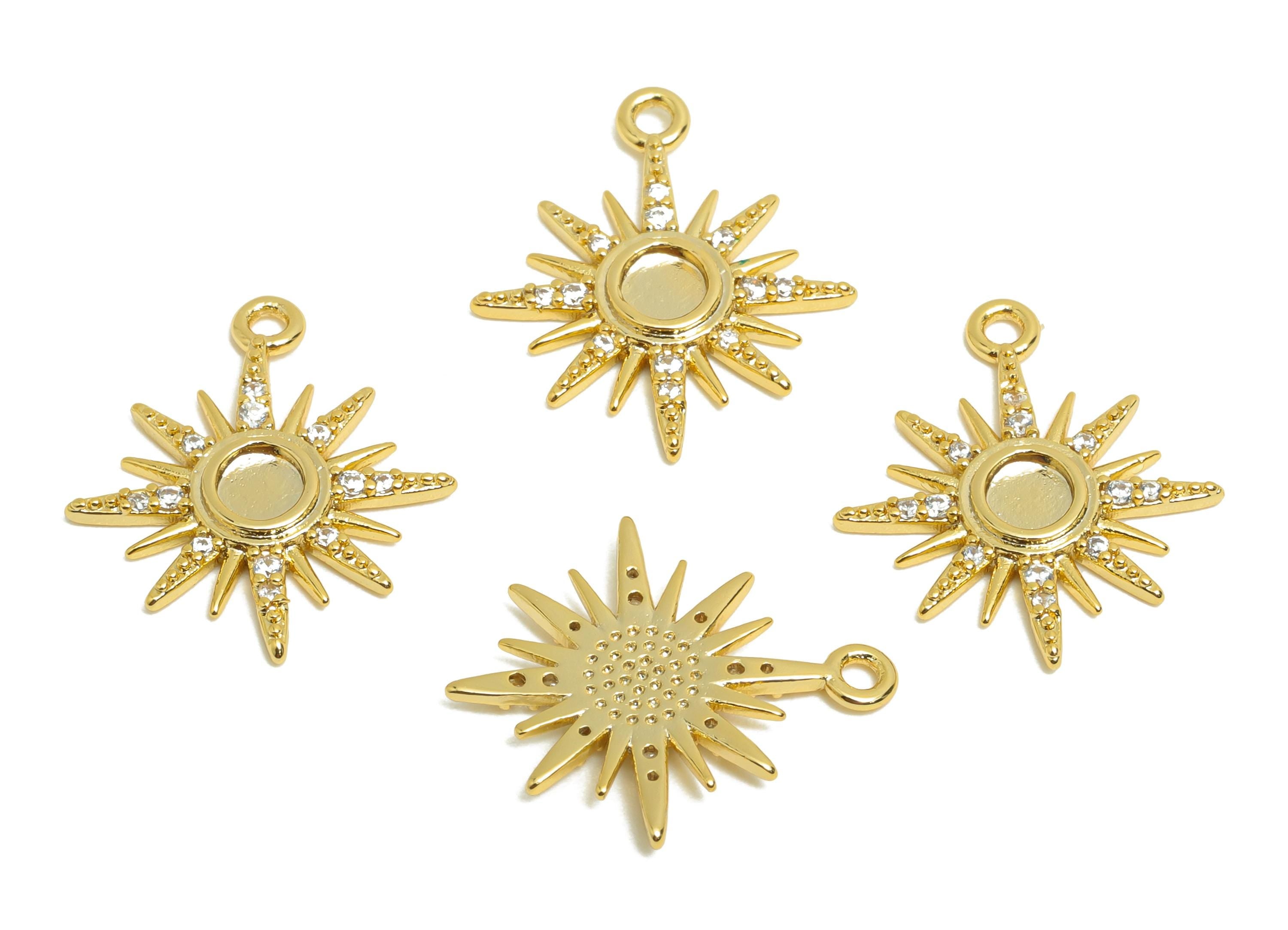 Brass Sun Earring Charm - Gold Textured Bracelet Charm - Zircon Sunshine Pendant with Loop - 18K Real Gold Plating - 17x14.8x1.68mm- RGP8558 - DOMEDBAZAAR