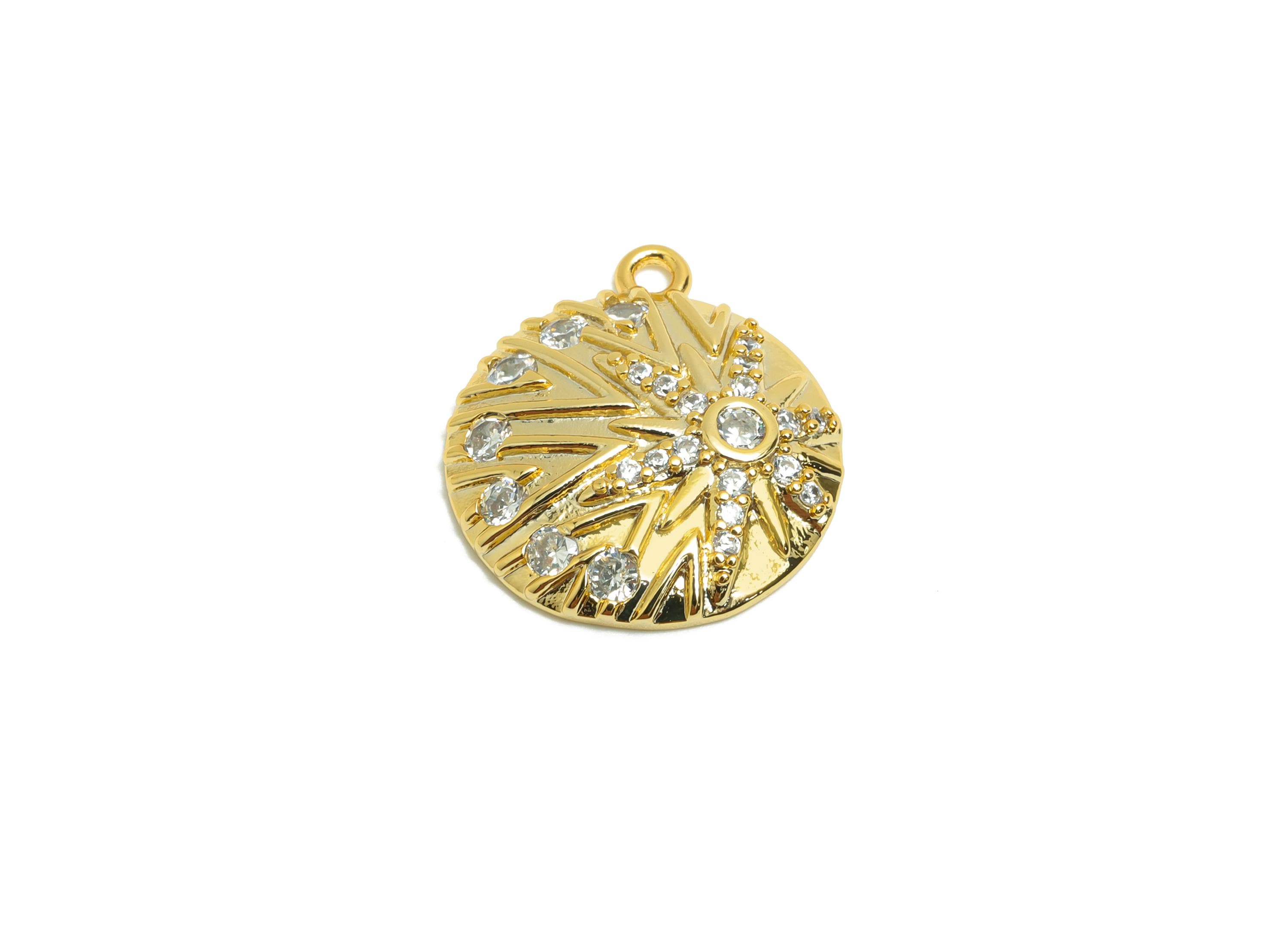 Brass Sunshine Earring Charm - Gold Textured Bracelet Charm - Zircon Round Pendant with Loop - 18K Real Gold Plated -17.05x15x3.4mm- RGP8559 - DOMEDBAZAAR