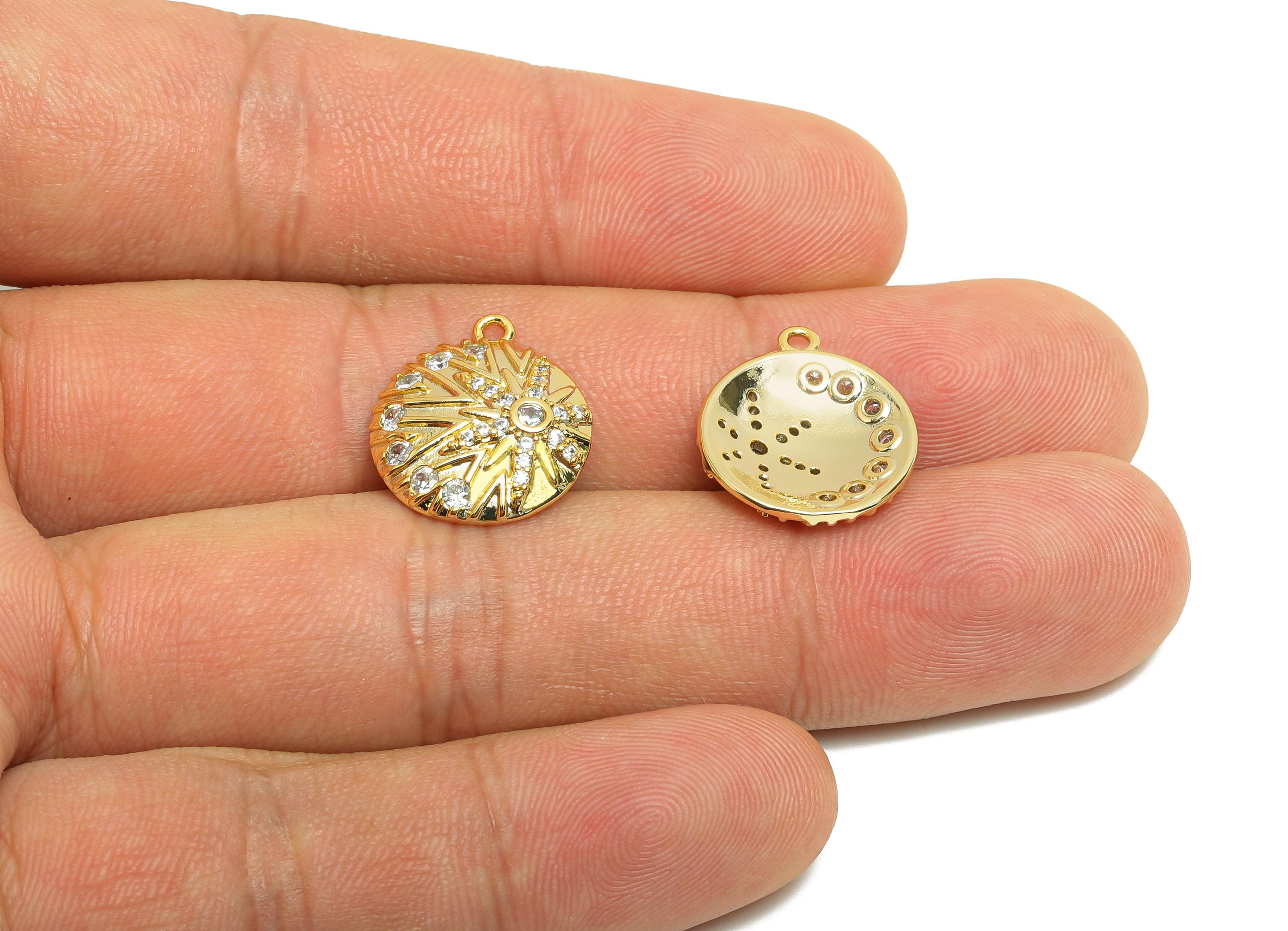 Brass Sunshine Earring Charm - Gold Textured Bracelet Charm - Zircon Round Pendant with Loop - 18K Real Gold Plated -17.05x15x3.4mm- RGP8559 - DOMEDBAZAAR