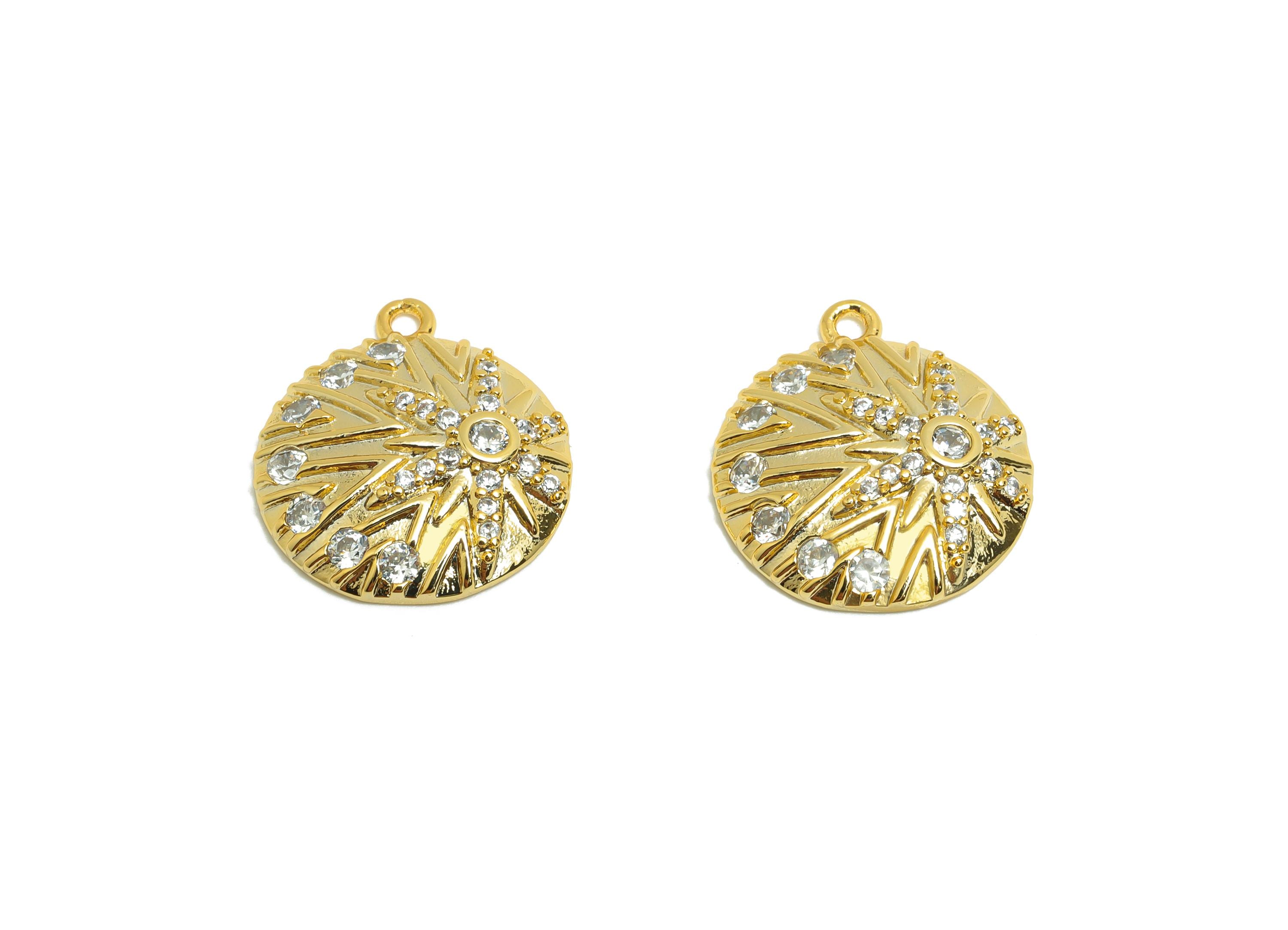 Brass Sunshine Earring Charm - Gold Textured Bracelet Charm - Zircon Round Pendant with Loop - 18K Real Gold Plated -17.05x15x3.4mm- RGP8559 - DOMEDBAZAAR