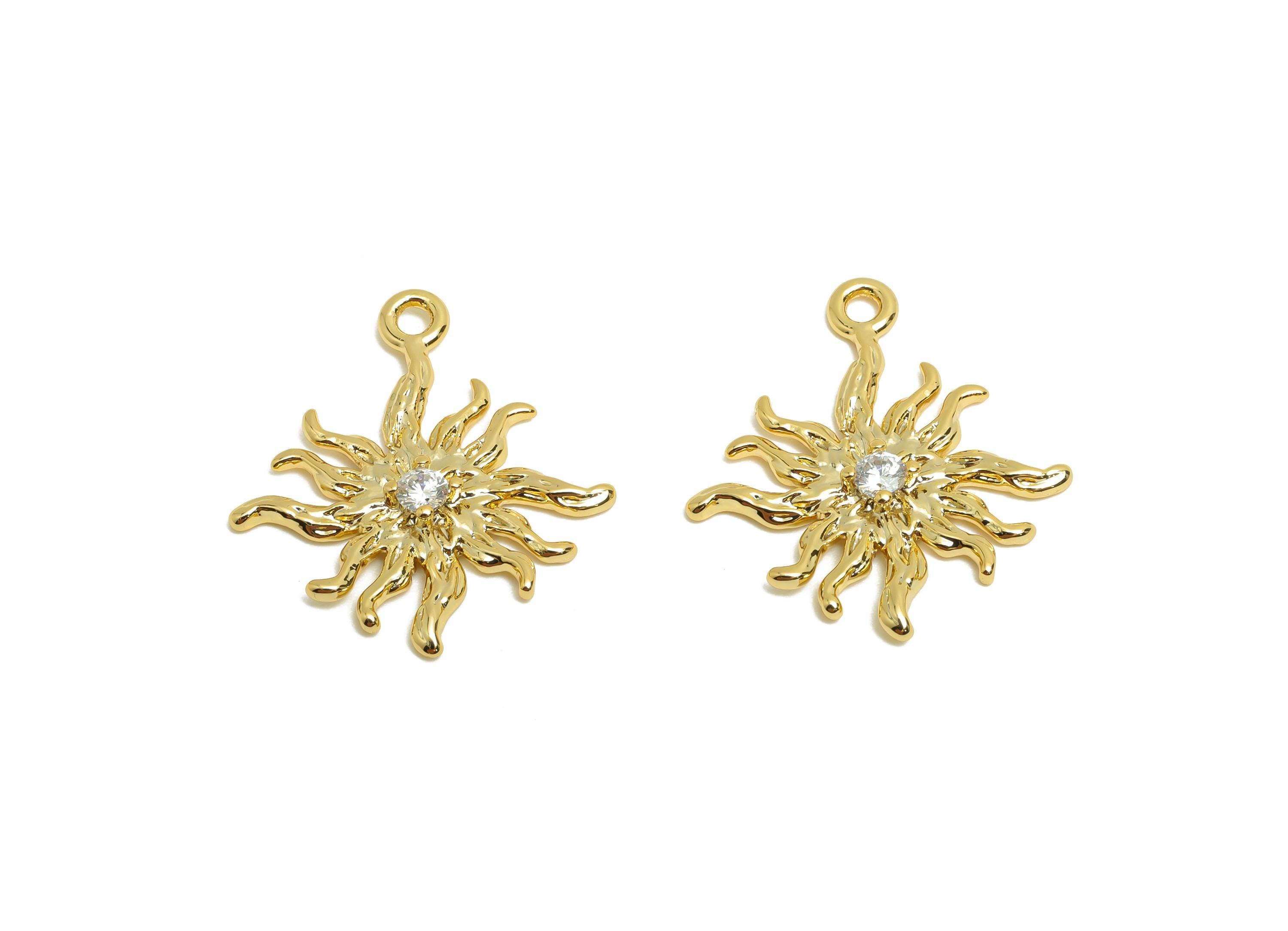 Brass Sun Earring Charm - Gold Hammered Bracelet Charm - Zircon Sunshine Pendant with Loop - 18K Real Gold Plating - 22x17x2.7mm - RGP8566 - DOMEDBAZAAR