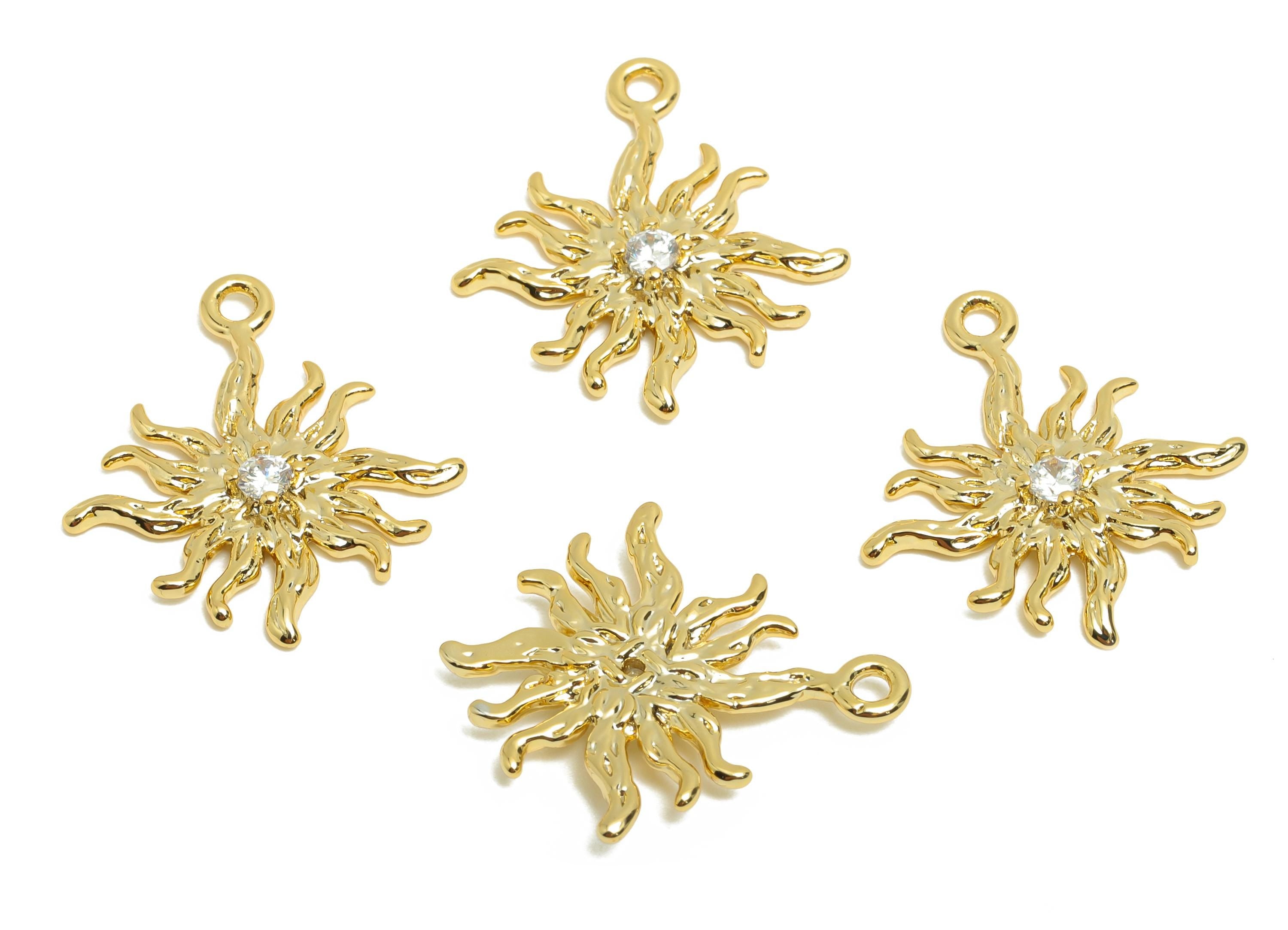 Brass Sun Earring Charm - Gold Hammered Bracelet Charm - Zircon Sunshine Pendant with Loop - 18K Real Gold Plating - 22x17x2.7mm - RGP8566 - DOMEDBAZAAR