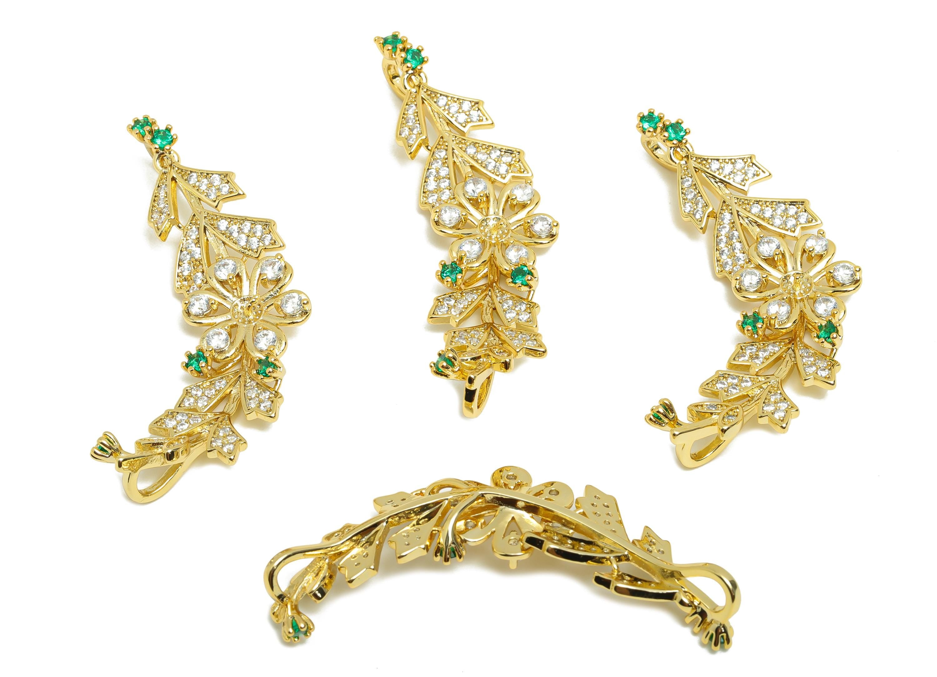 Brass Branch Connector - Gold Zircon Flower Charm for Necklace - CZ Brooch Party Connector - 18K Real Gold Plating- 44.8x20.4x8.4mm- RGP8567 - DOMEDBAZAAR